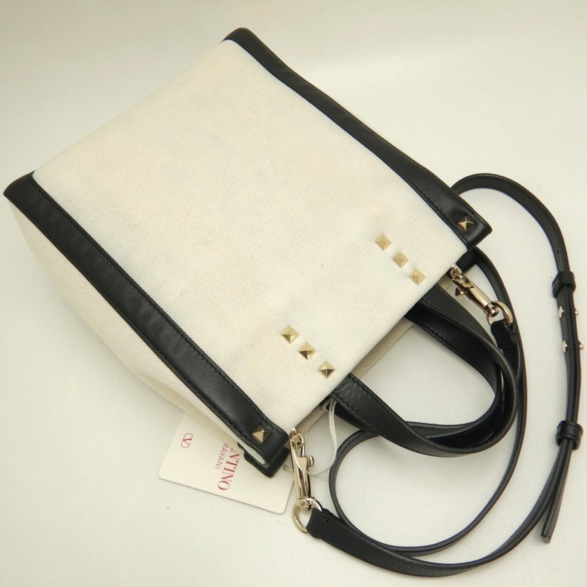 Valentino Garavani Black White Canvas Leather Tote Bag (Pre-Owned)