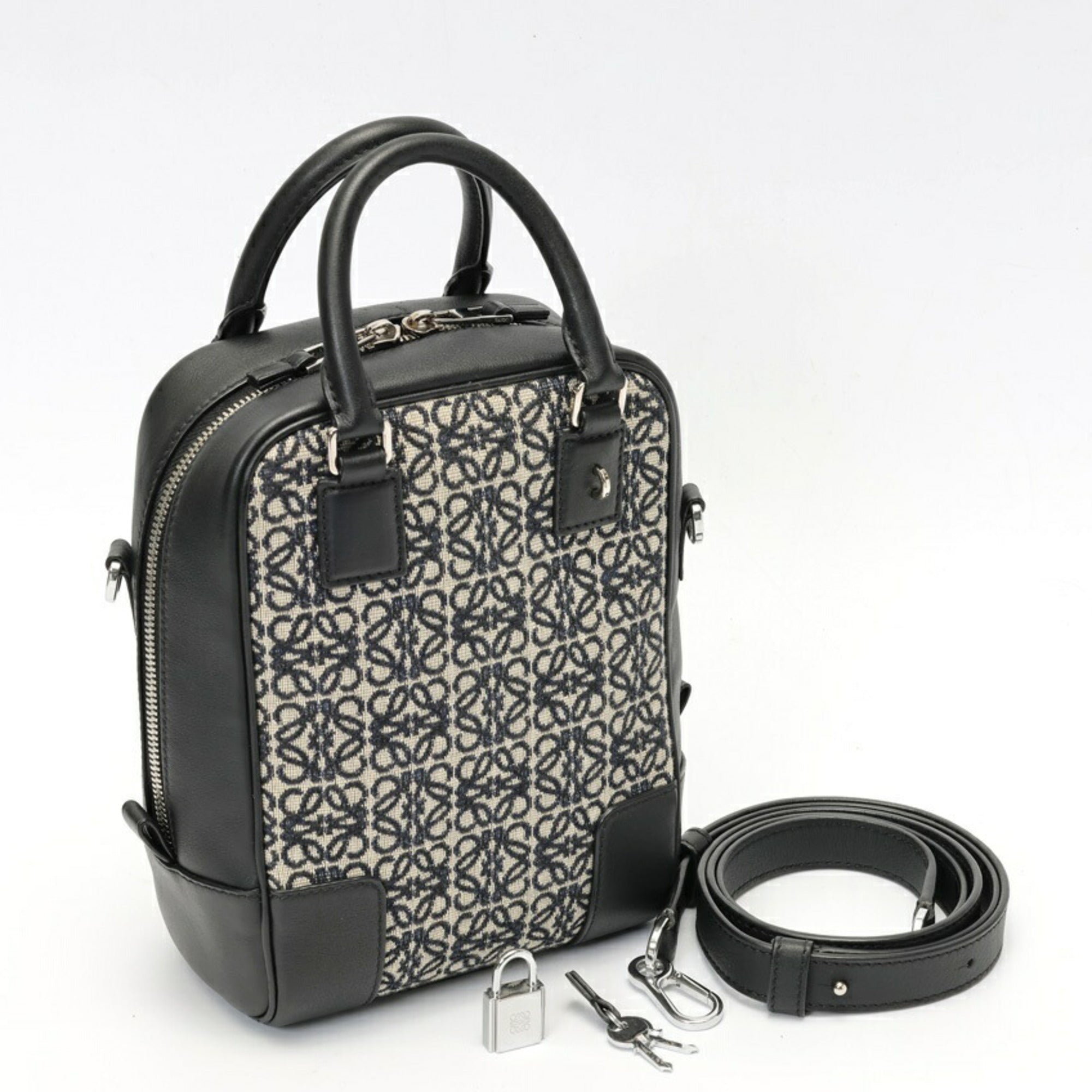 Loewe Amazona Navy Black Jacquard Leather Handbag Shoulder Bag (Pre-Owned)