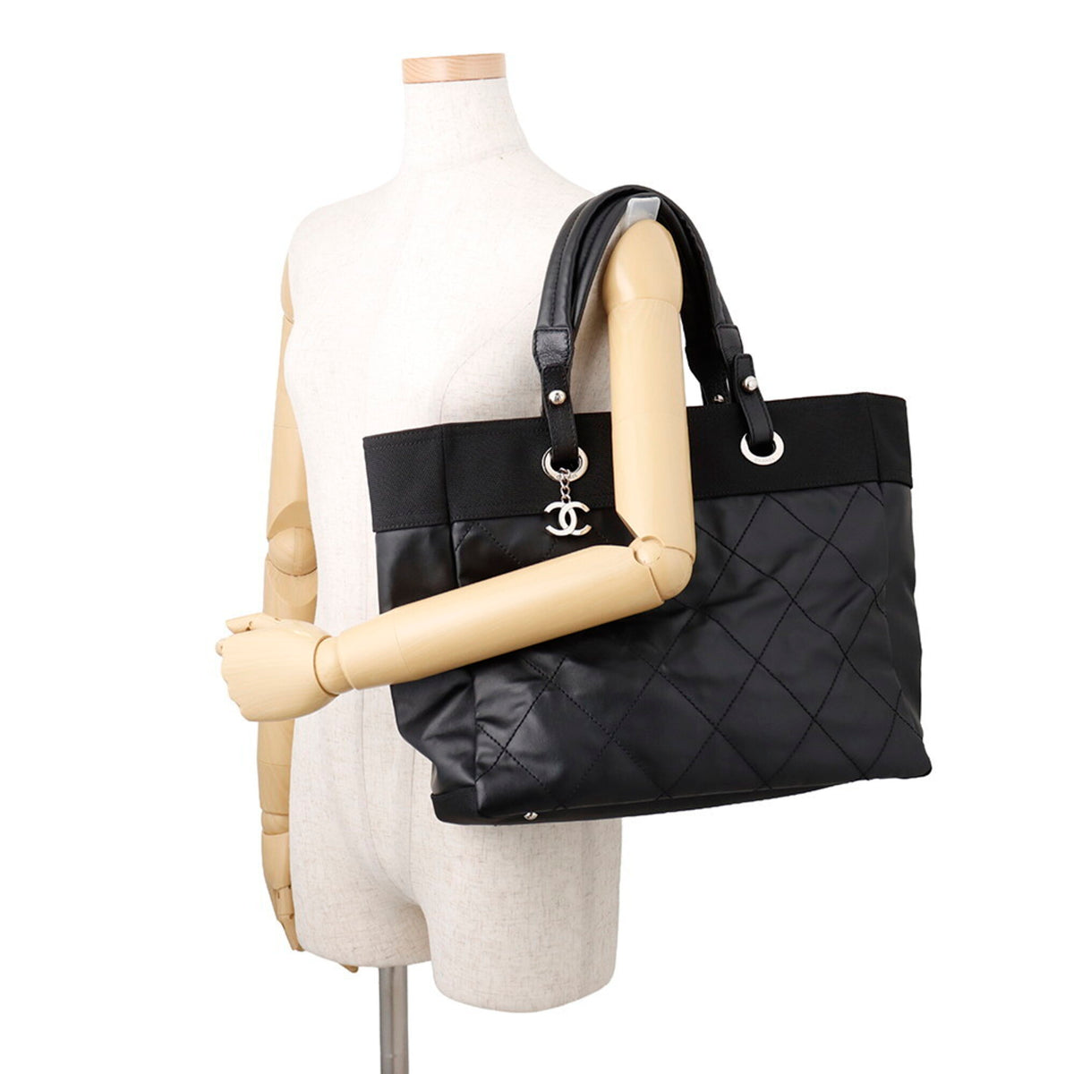 Chanel Black Leather Canvas Tote Bag (Pre-Owned)