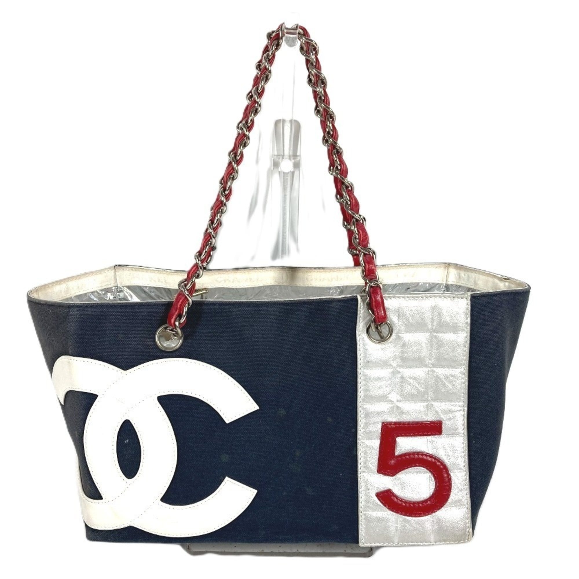 Chanel No.5 Navy Red Color Leather Canvas Shoulder Bag Tote Bag (Pre-Owned)