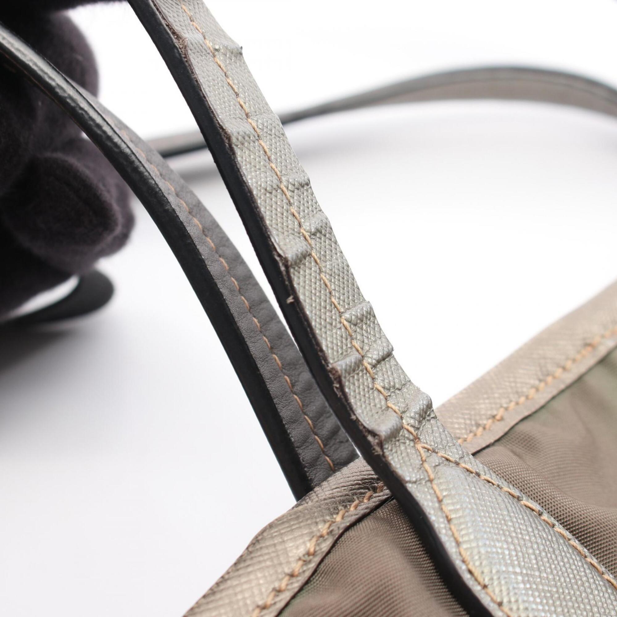 Prada Saffiano Gray Nylon Leather Handbag Tote Bag (Pre-Owned)