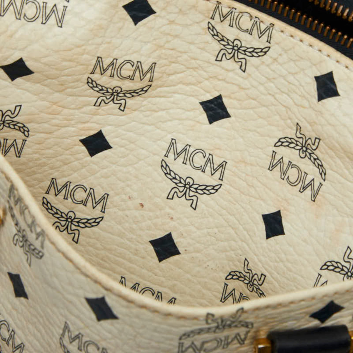 Mcm Gold Navy White Pvc Leather Boston Bag Handbag (Pre-Owned)