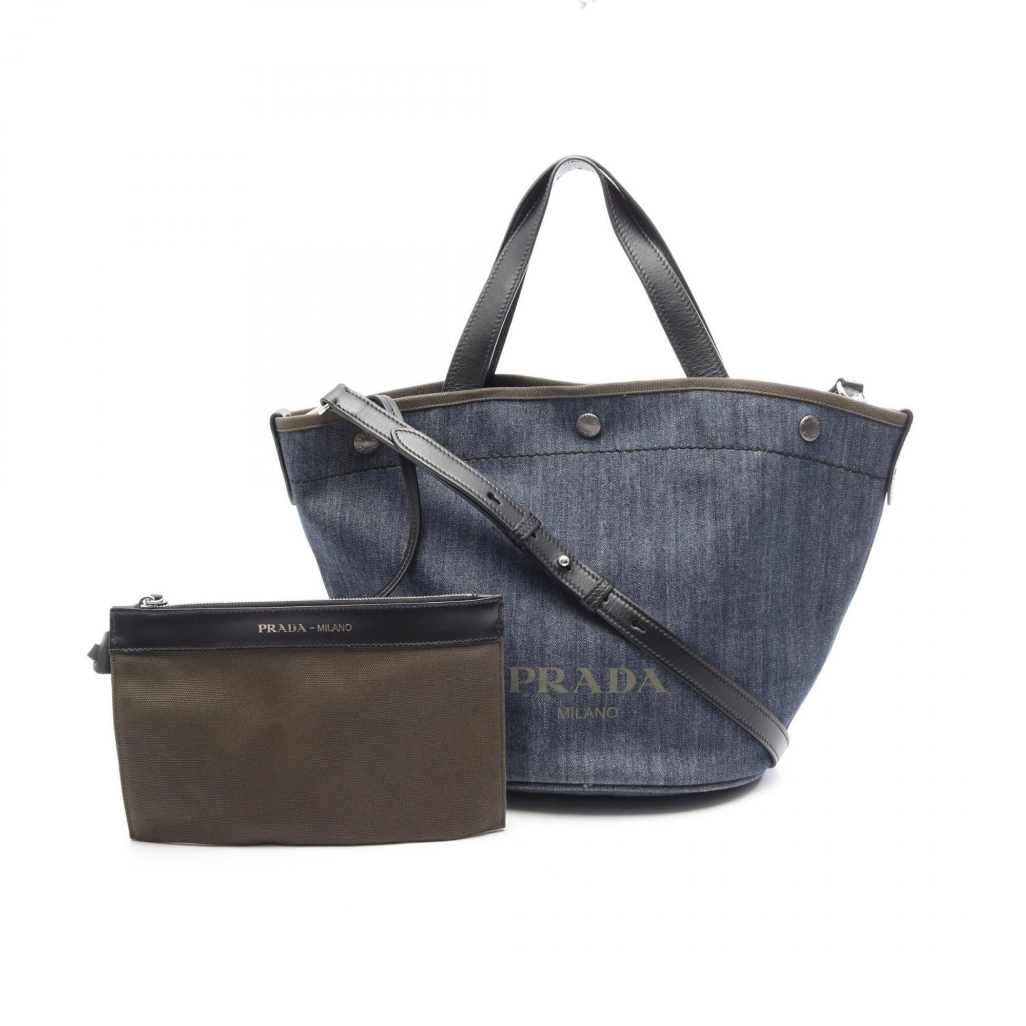 Prada Black Khaki Navy Denim Leather Handbag Pouch Tote Bag (Pre-Owned)