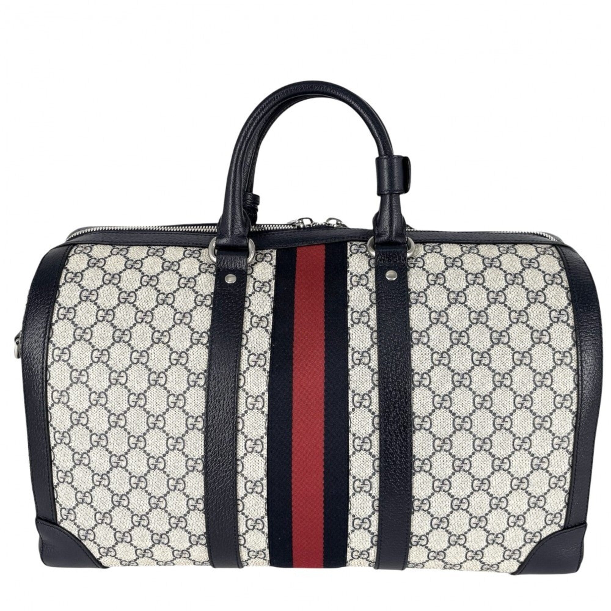 Gucci Beige Navy Gg Supreme Leather Boston Bag Handbag Shoulder Bag (Pre-Owned)