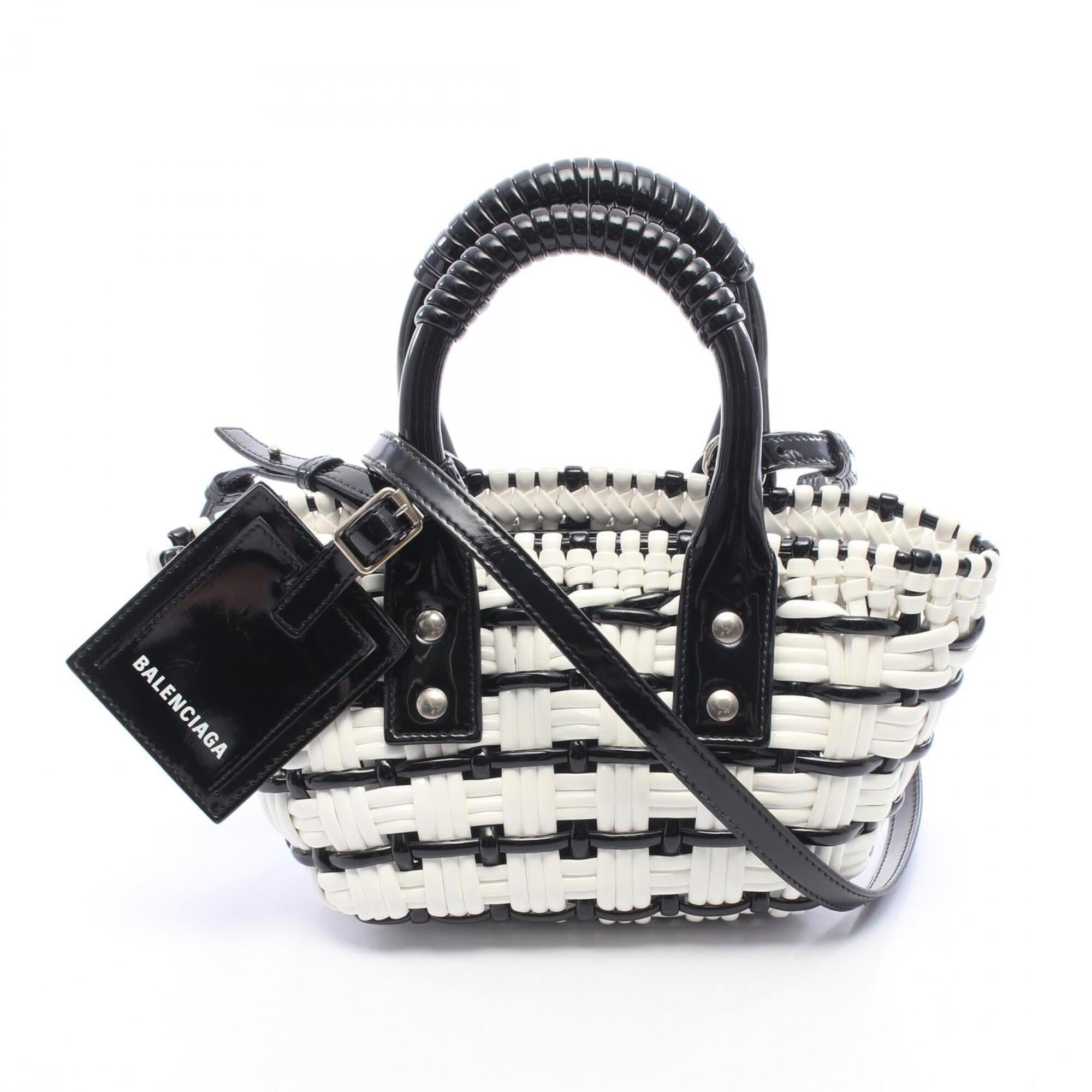 Balenciaga Black White Leather Basket Handbag (Pre-Owned)