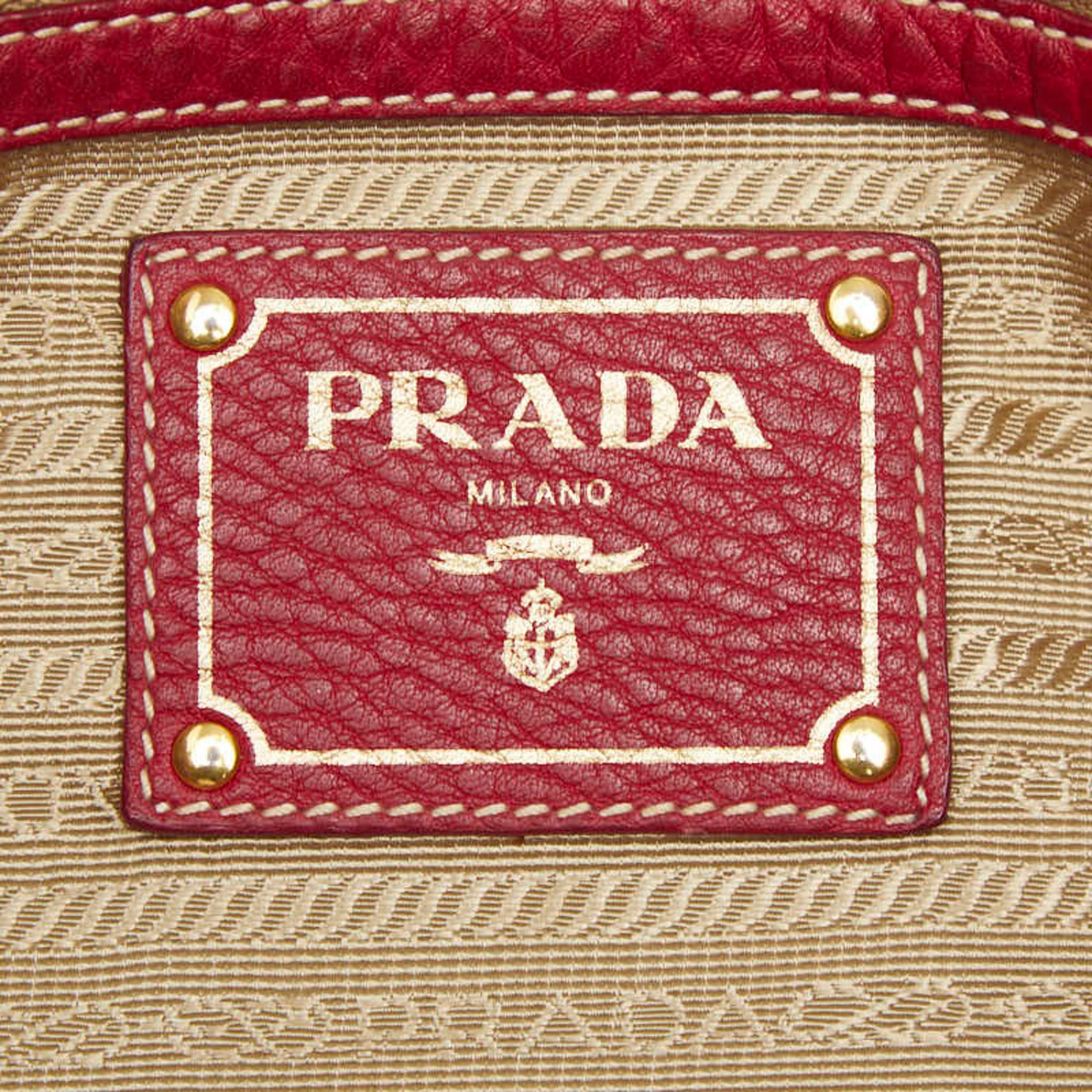 Prada Red Color Leather Shoulder Bag Tote Bag (Pre-Owned)