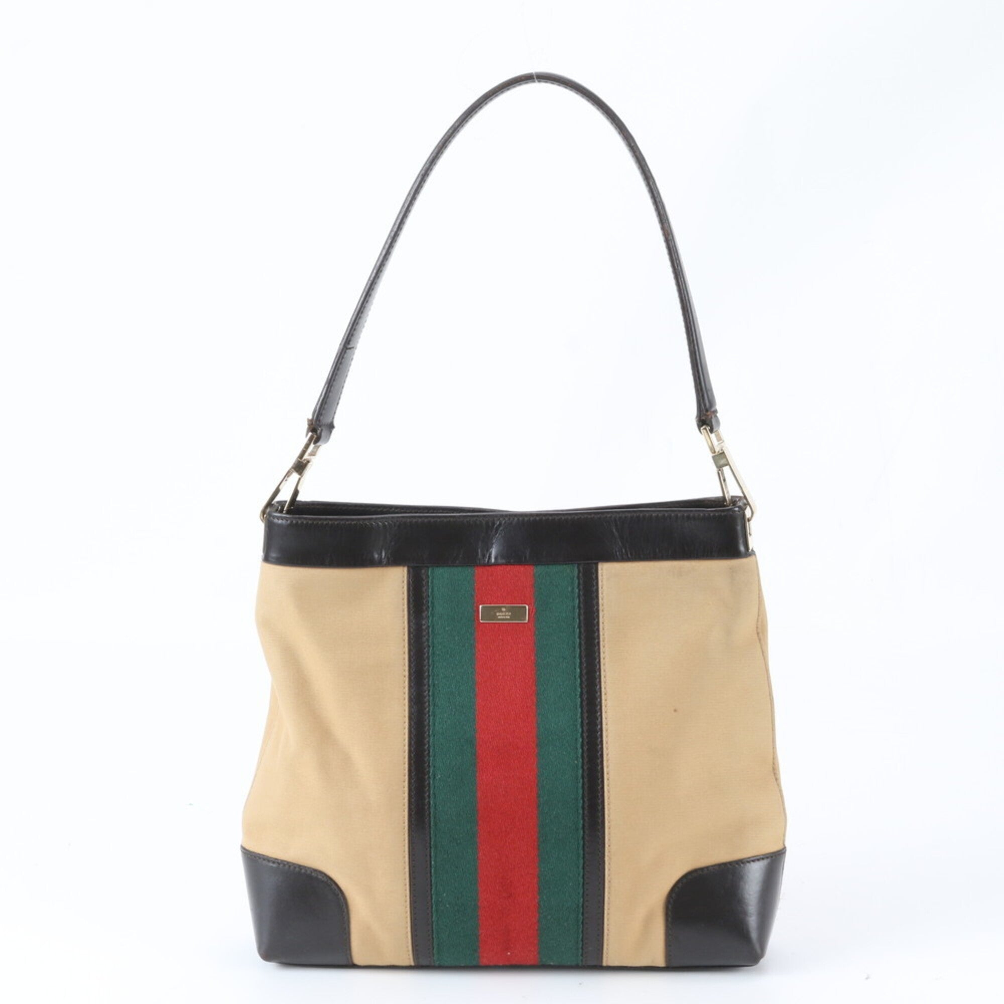Gucci Sherry Line Beige Black Leather Canvas Handbag Shoulder Bag Tote Bag (Pre-Owned)