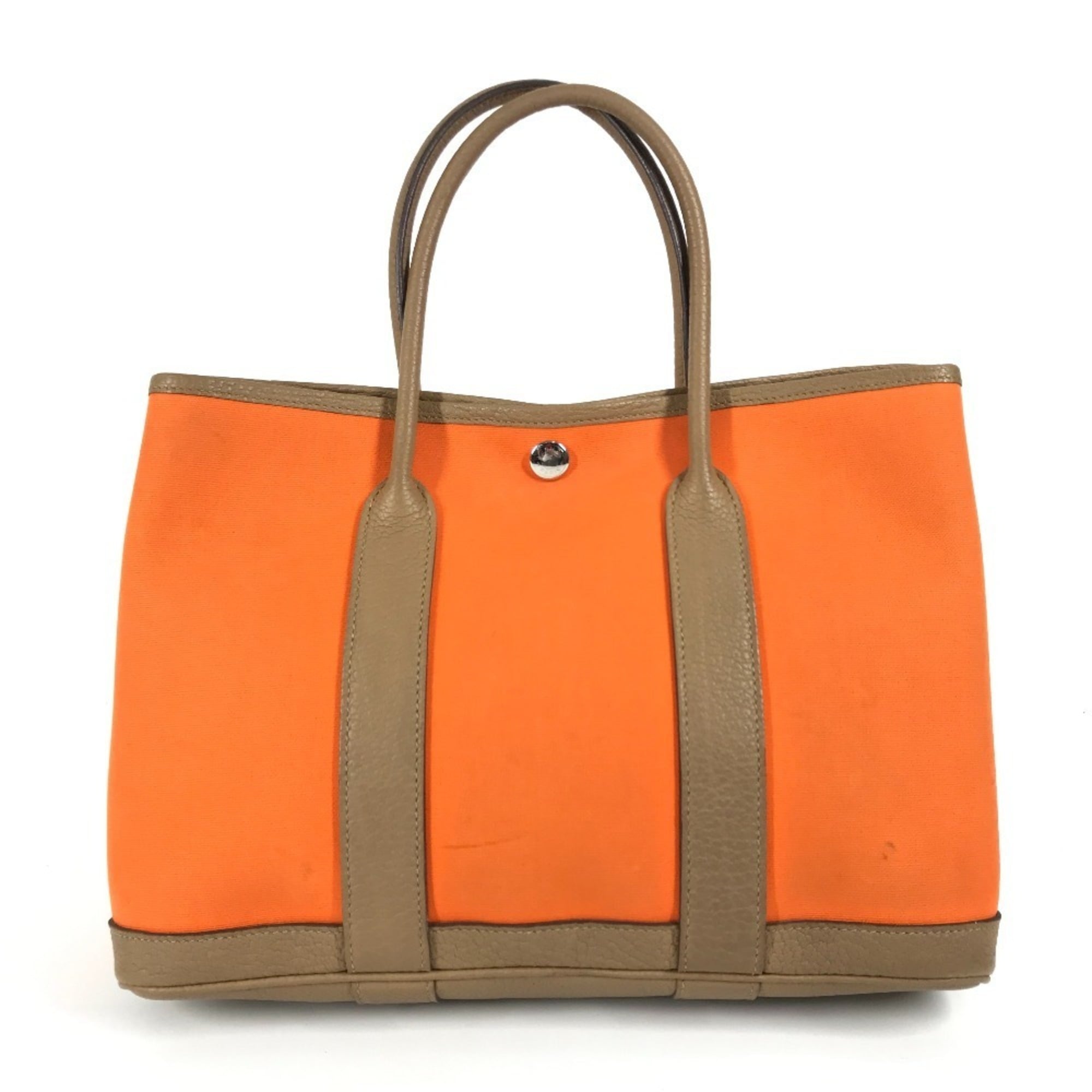 Hermes Garden Brown Orange Toile Officier Negonda Leather Handbag Tote Bag (Pre-Owned)