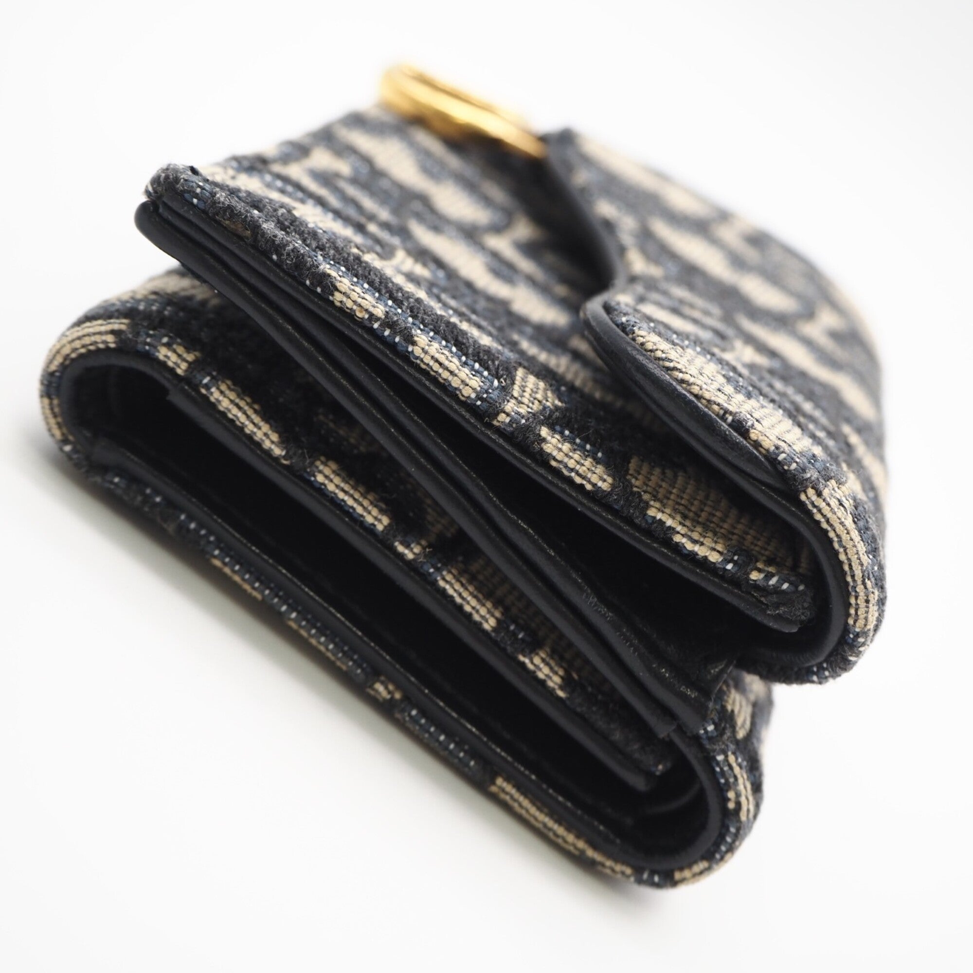 Christian Dior Beige Navy Canvas Leather Wallet (Tri-Fold) (Pre-Owned)