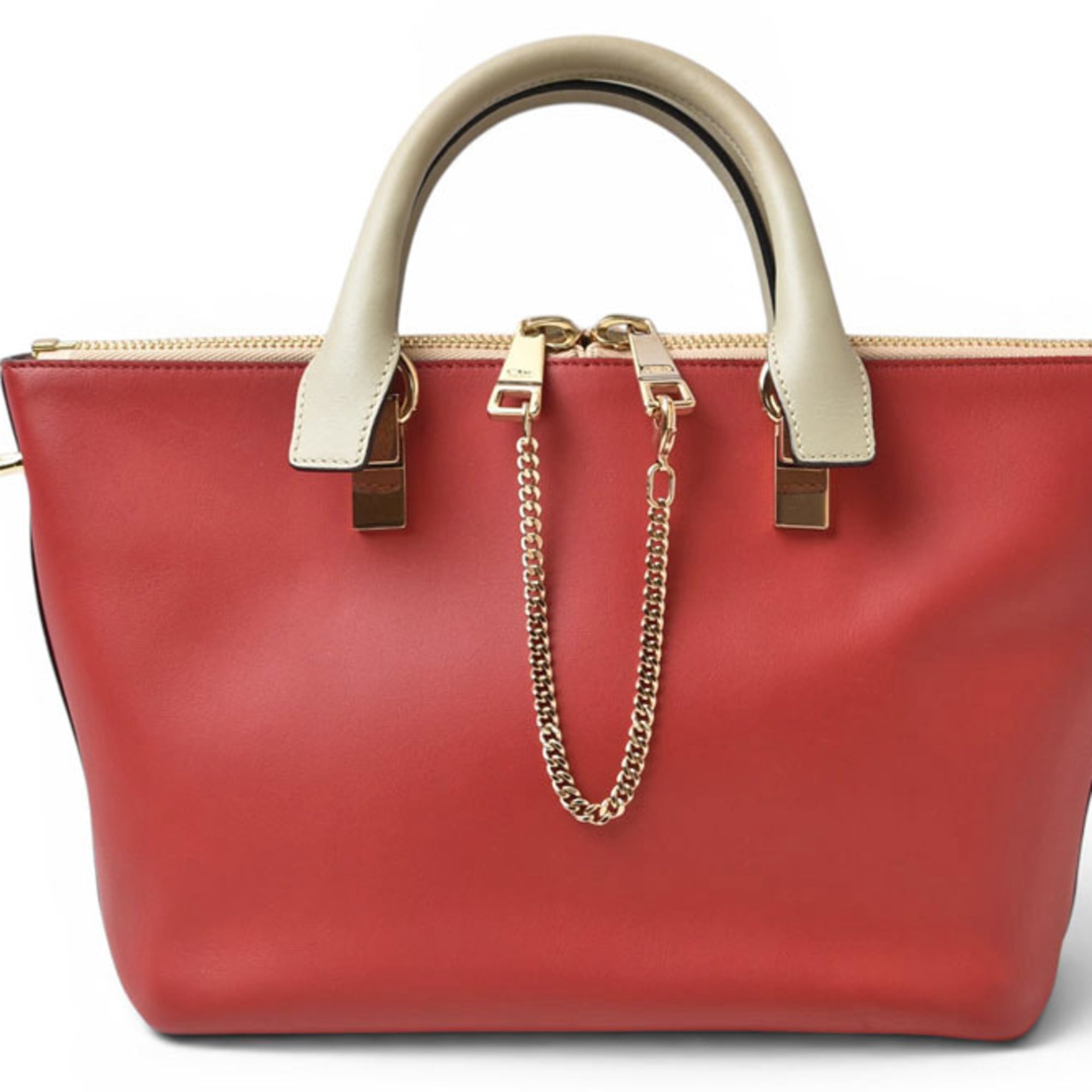 Chloé Beige Red Color Leather Handbag Tote Bag (Pre-Owned)