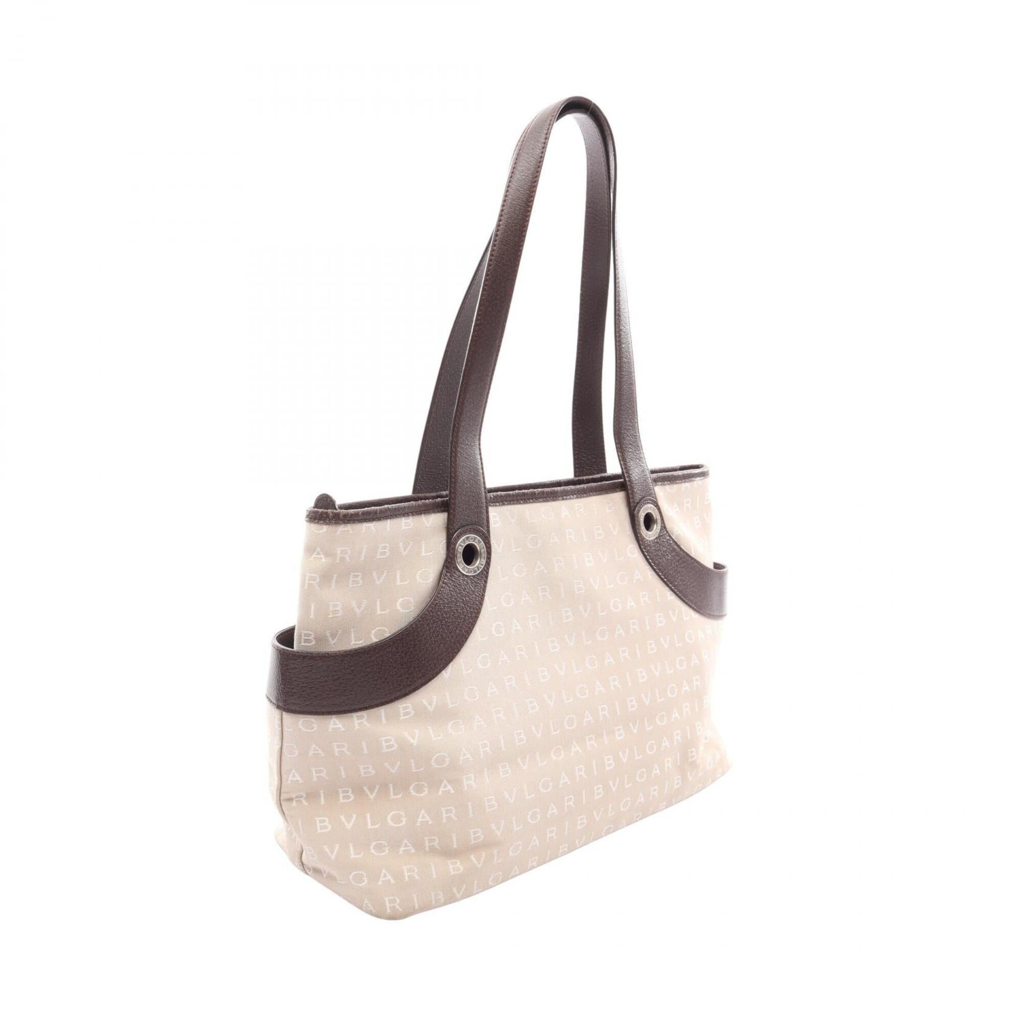 Bvlgari Beige Brown Canvas Leather Handbag Tote Bag (Pre-Owned)