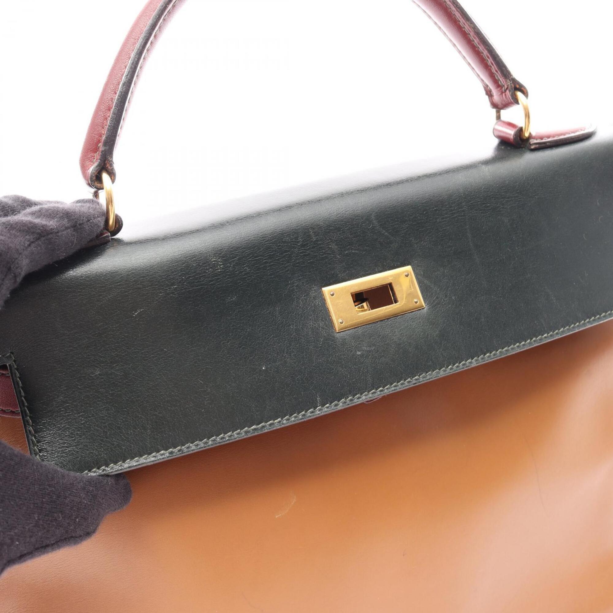 Hermes Bordeaux Brown Green Natural Rouge H Box Calf Leather Handbag (Pre-Owned)