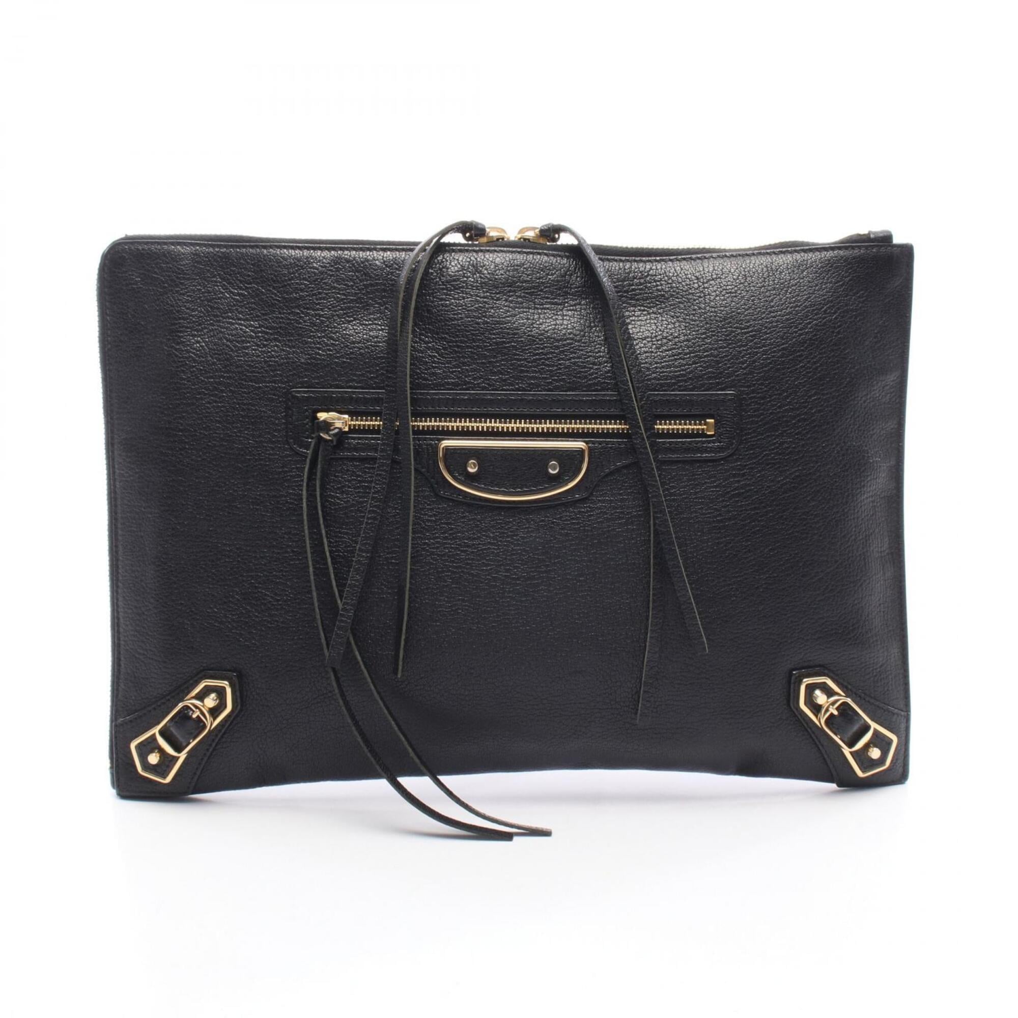 Balenciaga Black Leather Clutch Bag Handbag (Pre-Owned)