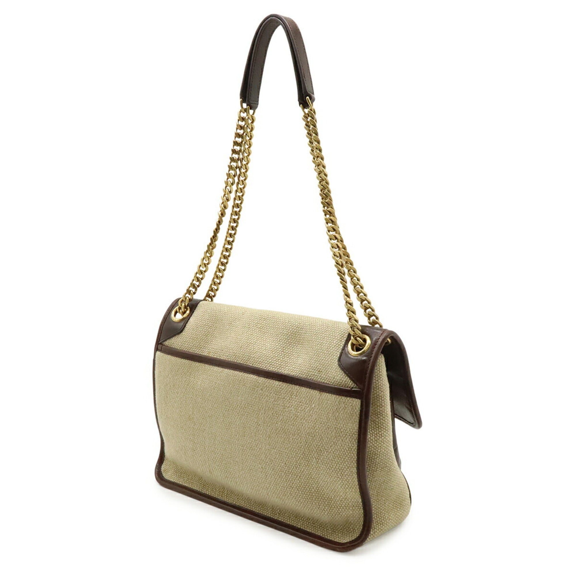 Yves Saint Laurent Beige Dark Brown Linen Leather Shoulder Bag (Pre-Owned)
