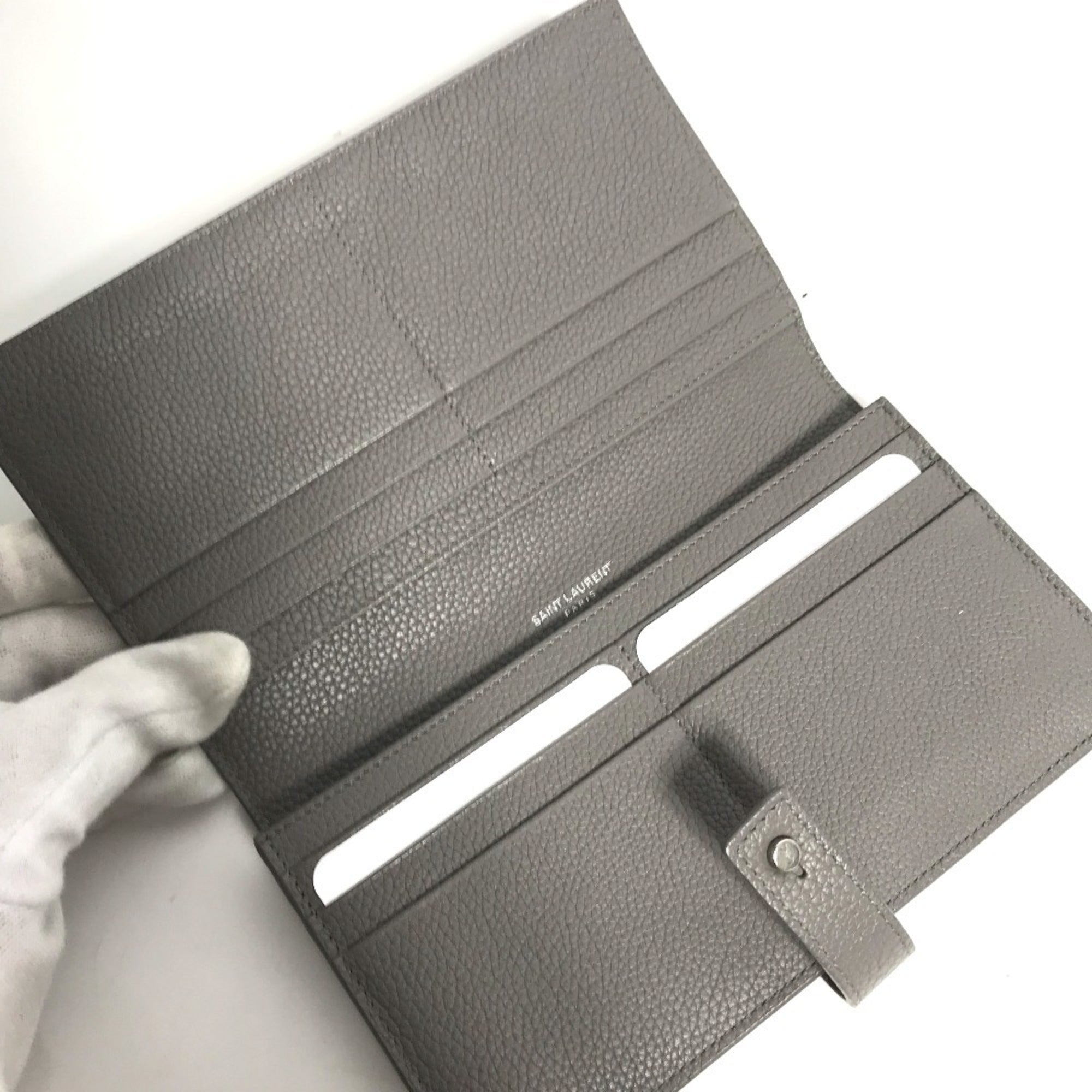 Yves Saint Laurent Gray Leather Long Wallet (Bi-Fold) (Pre-Owned)