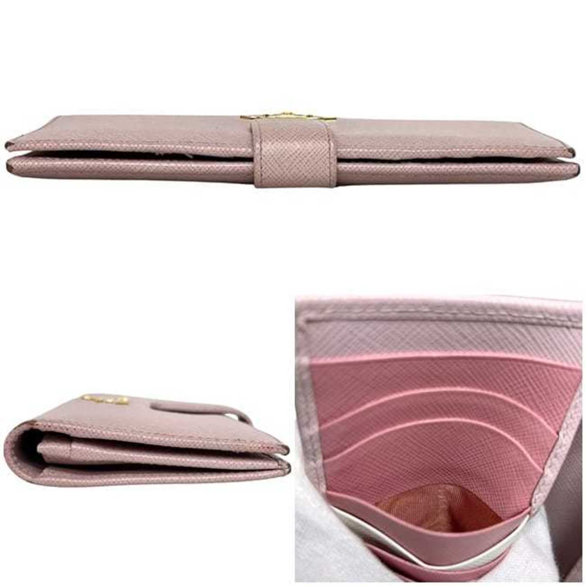 Prada Pink Leather Saffiano Triangle Long Wallet (Bi-Fold) (Pre-Owned)