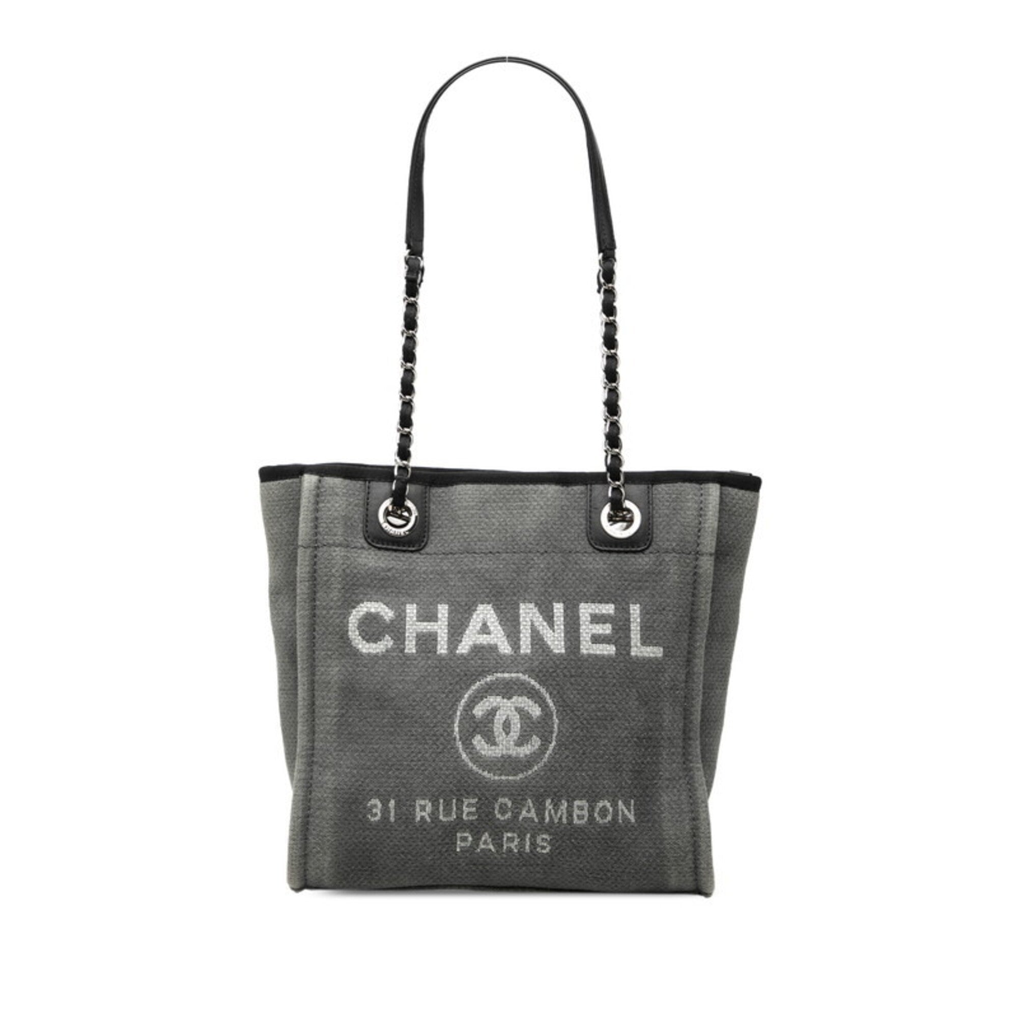 Chanel Black Gray Canvas Leather Shoulder Bag Tote Bag (Pre-Owned)