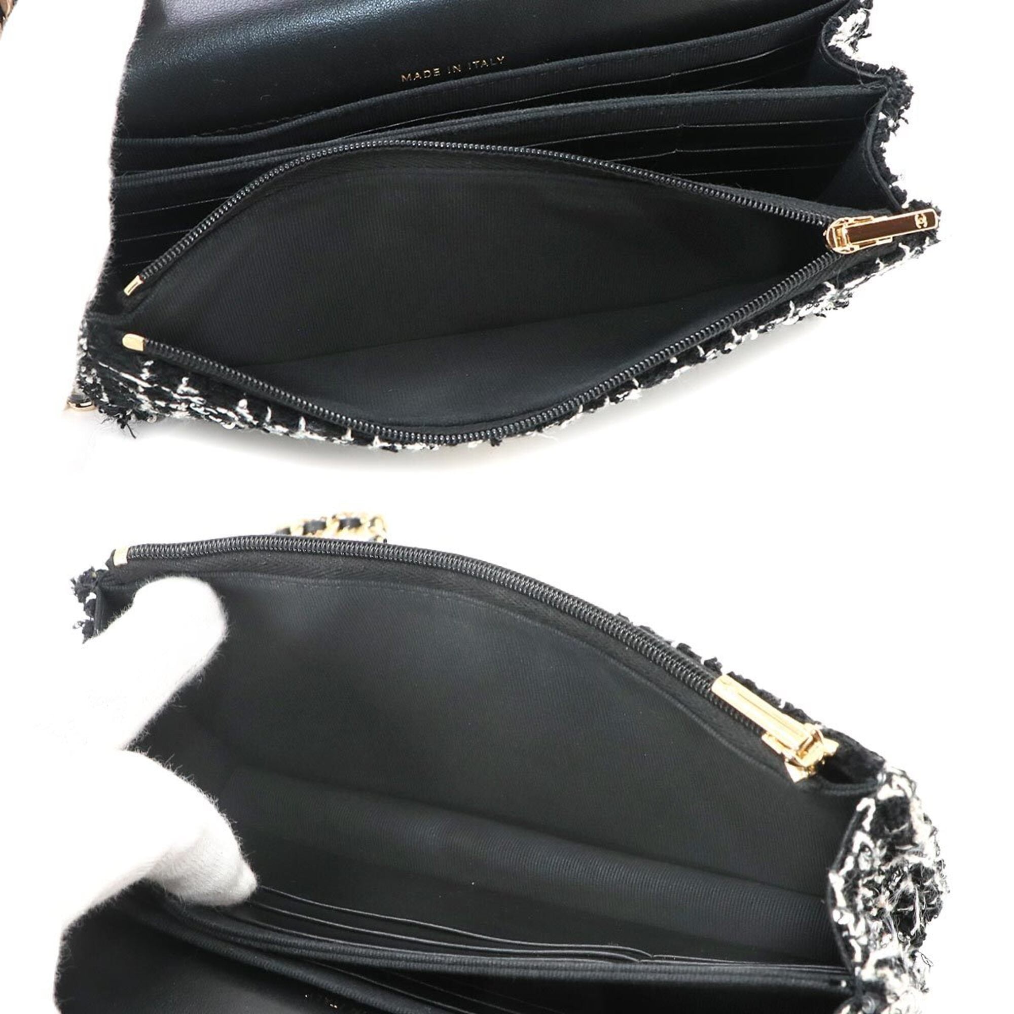 Chanel Matelasse Black White Tweed Leather Chain/Shoulder Wallet (Pre-Owned)