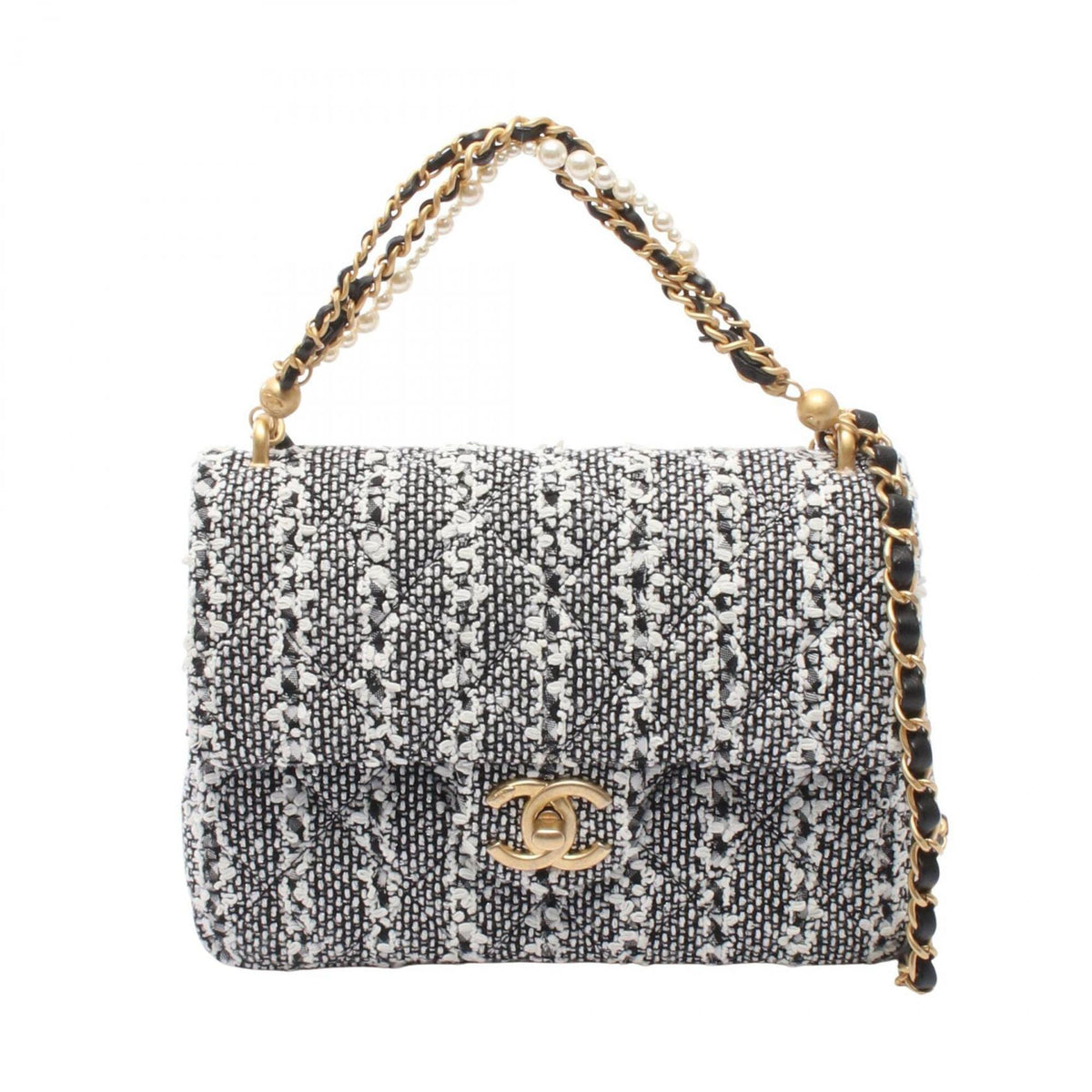 Chanel Black White Fabric Leather Handbag Shoulder Bag (Pre-Owned)
