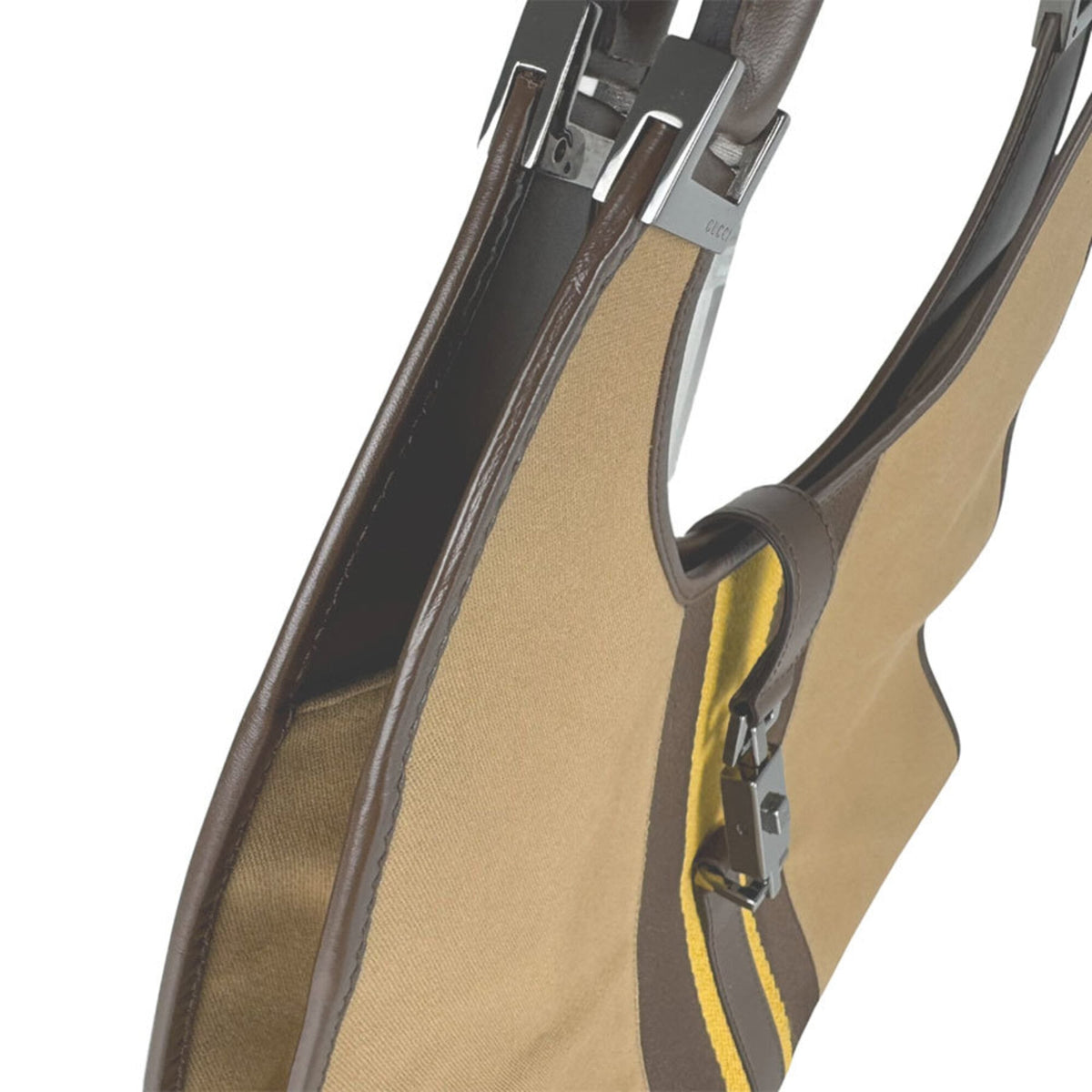 Gucci Beige Brown Yellow Canvas Leather Handbag (Pre-Owned)