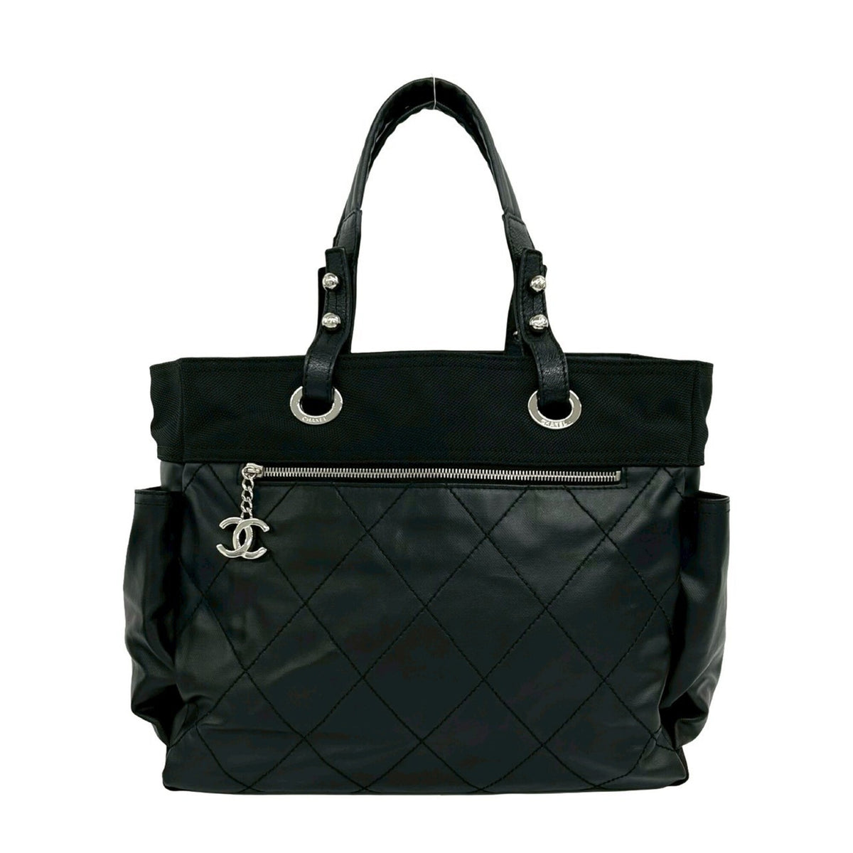 Chanel Black Canvas Leather Pouch Tote Bag (Pre-Owned)