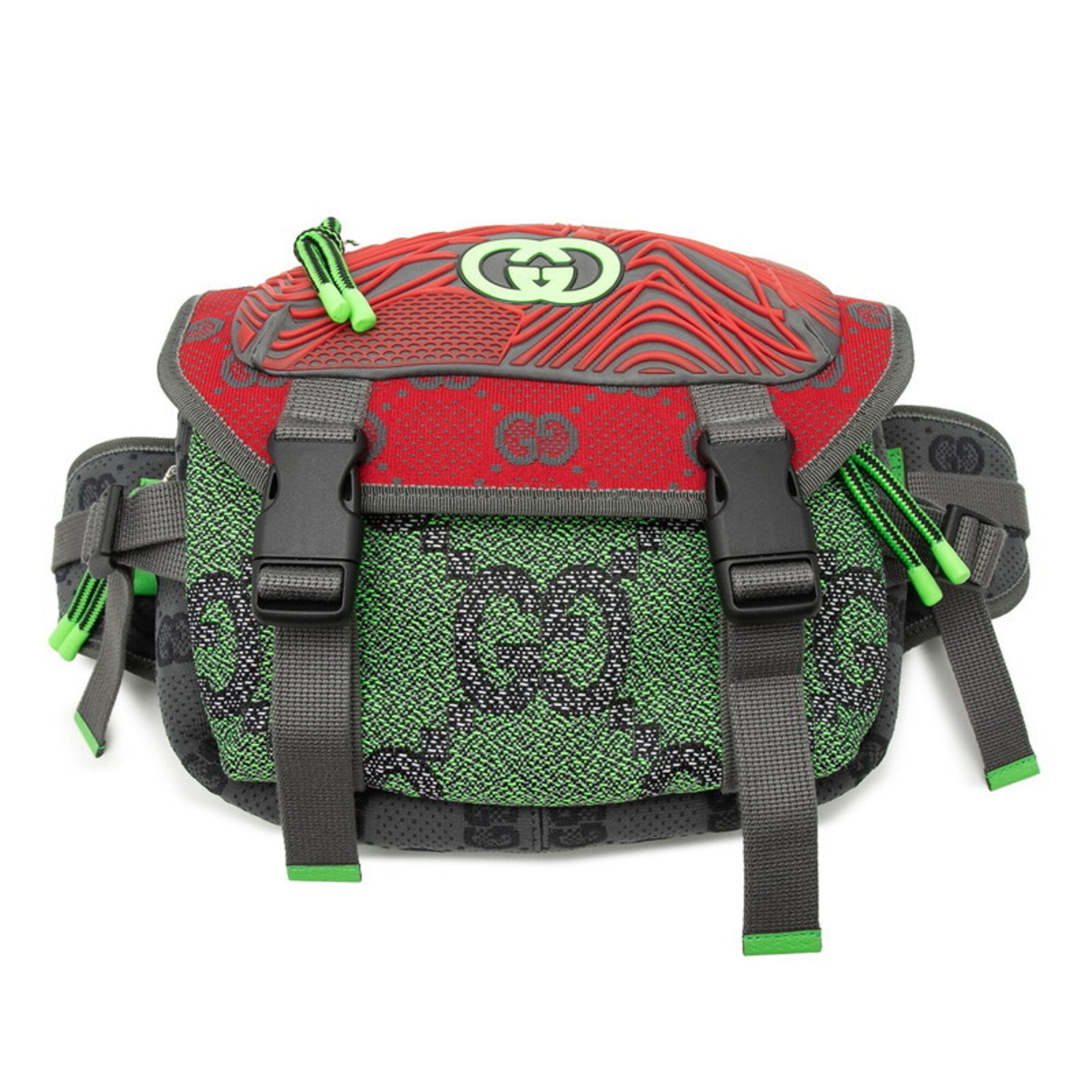 Gucci Gray Green Red Color Leather Rubber Canvas Sling Bag (Pre-Owned)