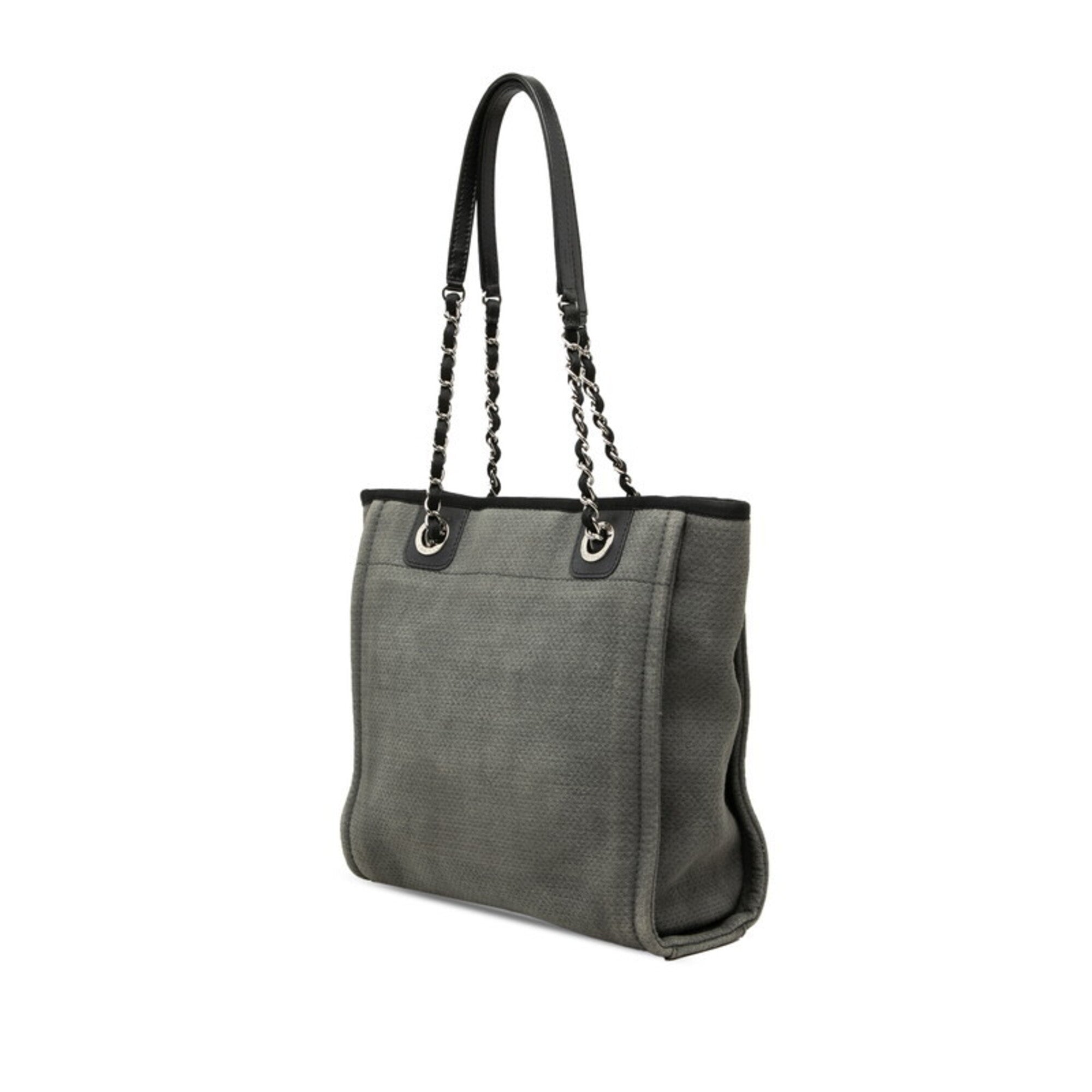 Chanel Black Gray Canvas Leather Shoulder Bag Tote Bag (Pre-Owned)