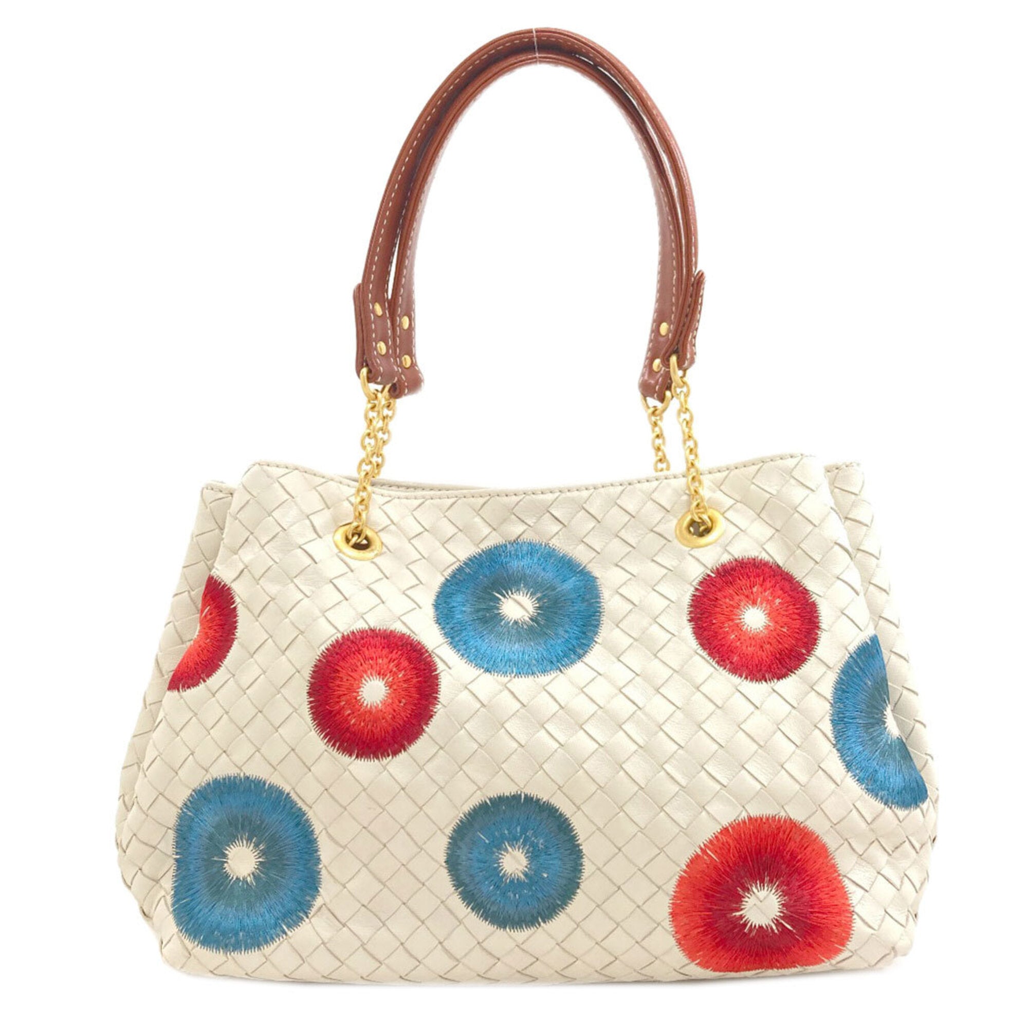 Bottega Veneta Intrecciato Blue Red Color White Leather Tote Bag (Pre-Owned)
