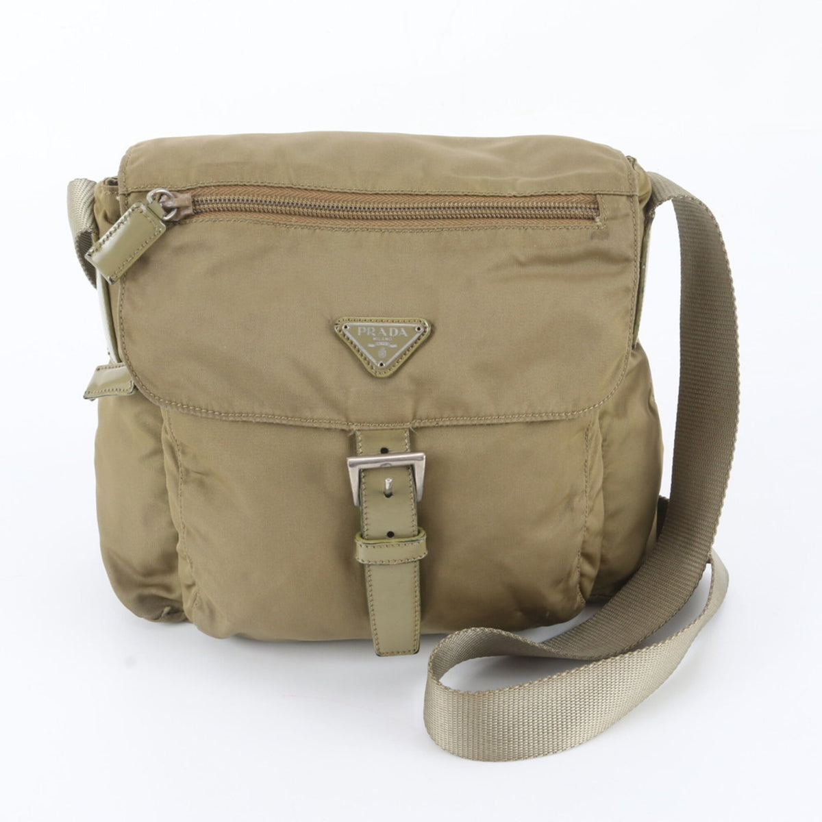 Prada Green Khaki Leather Nylon Messenger Bag Shoulder Bag (Pre-Owned)