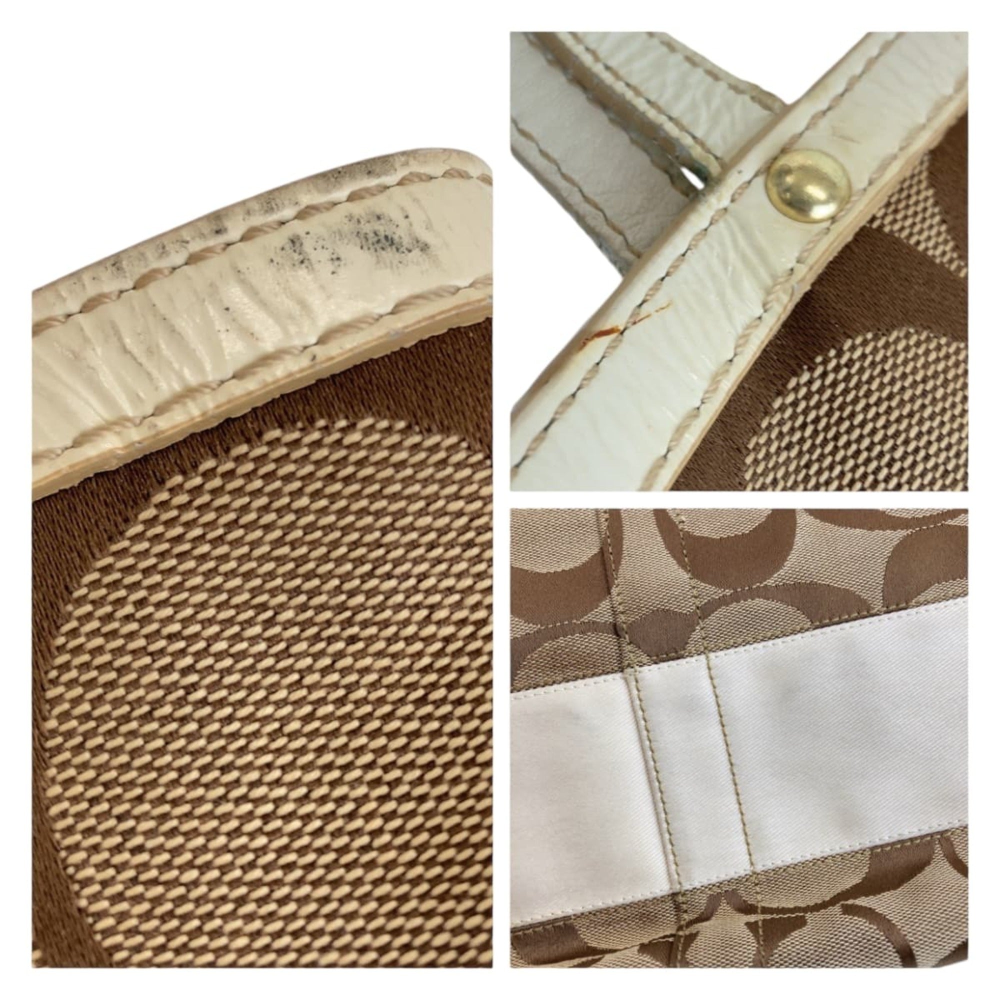 Coach Beige Brown White Canvas Leather Shoulder Bag Tote Bag (Pre-Owned)