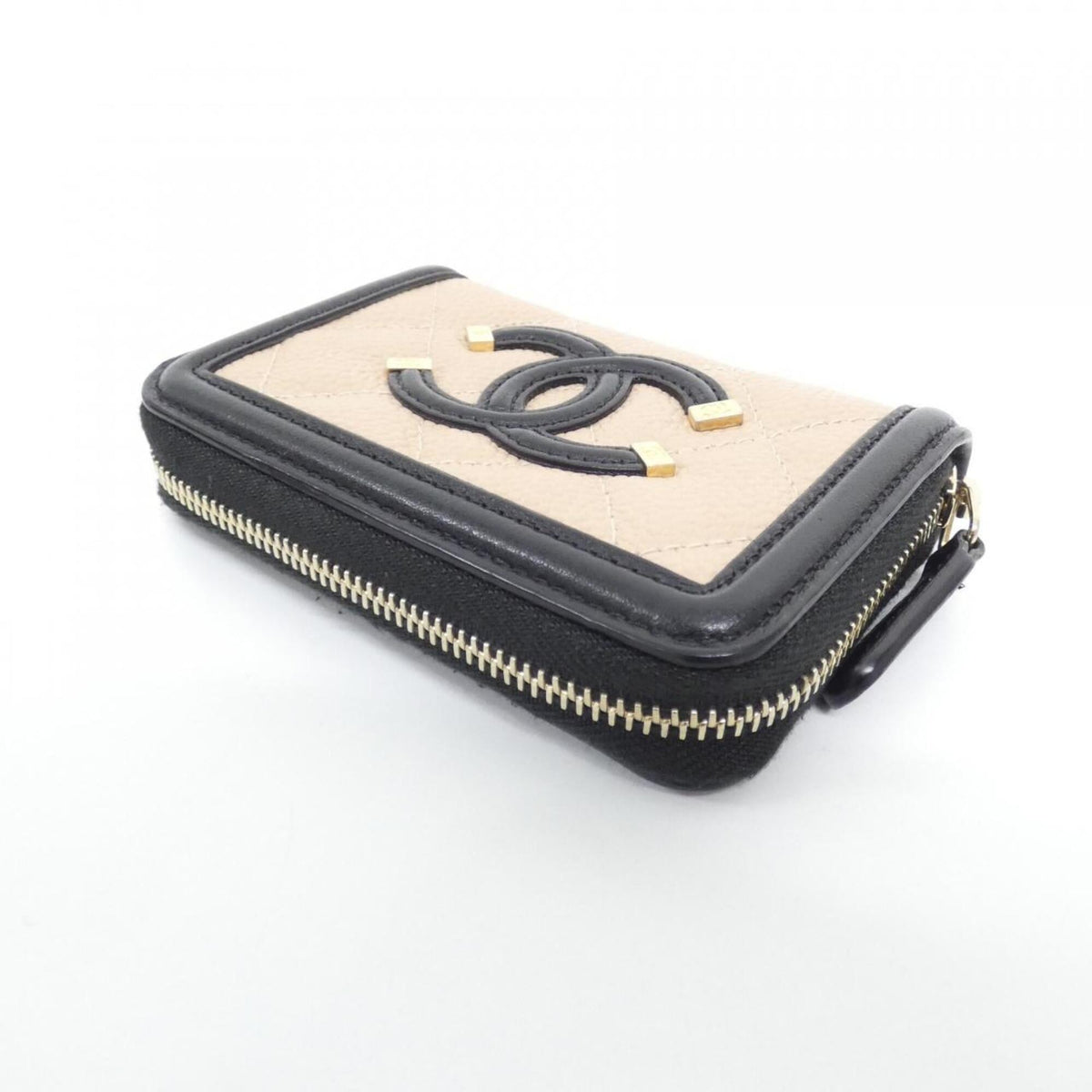 Chanel Beige Black Grained Calfskin Coin Purse/Coin Case (Pre-Owned)