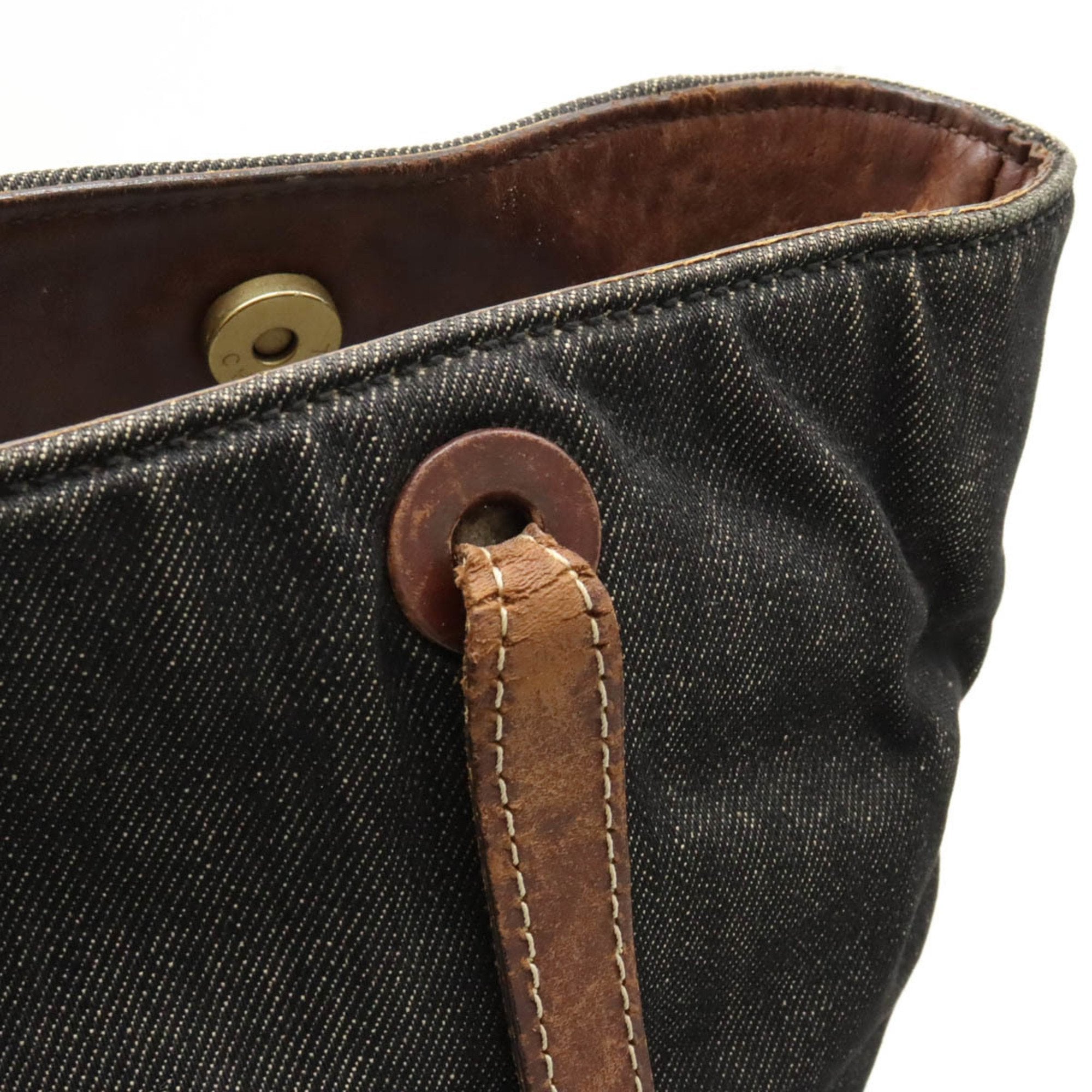 Chanel Denim Black Dark Brown Denim Leather Shoulder Bag Tote Bag (Pre-Owned)