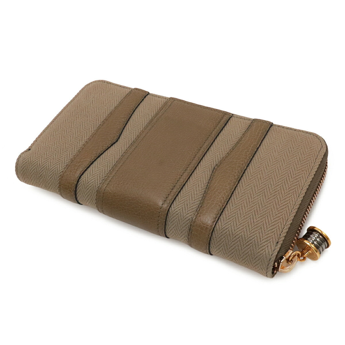 Bvlgari Dark Beige Leather Canvas Long Wallet (Bi-Fold) (Pre-Owned)