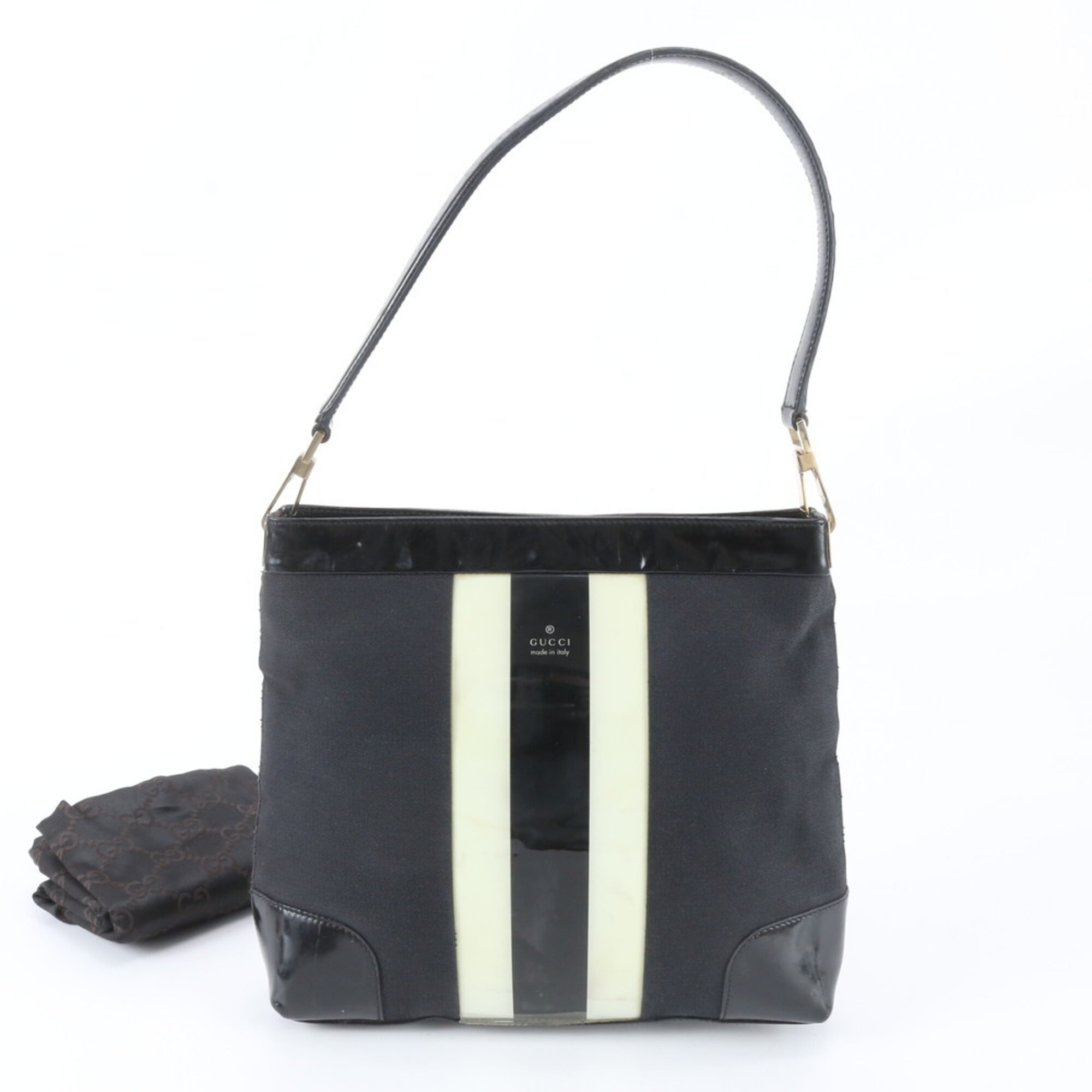Gucci Black White Leather Canvas Handbag Shoulder Bag Tote Bag (Pre-Owned)