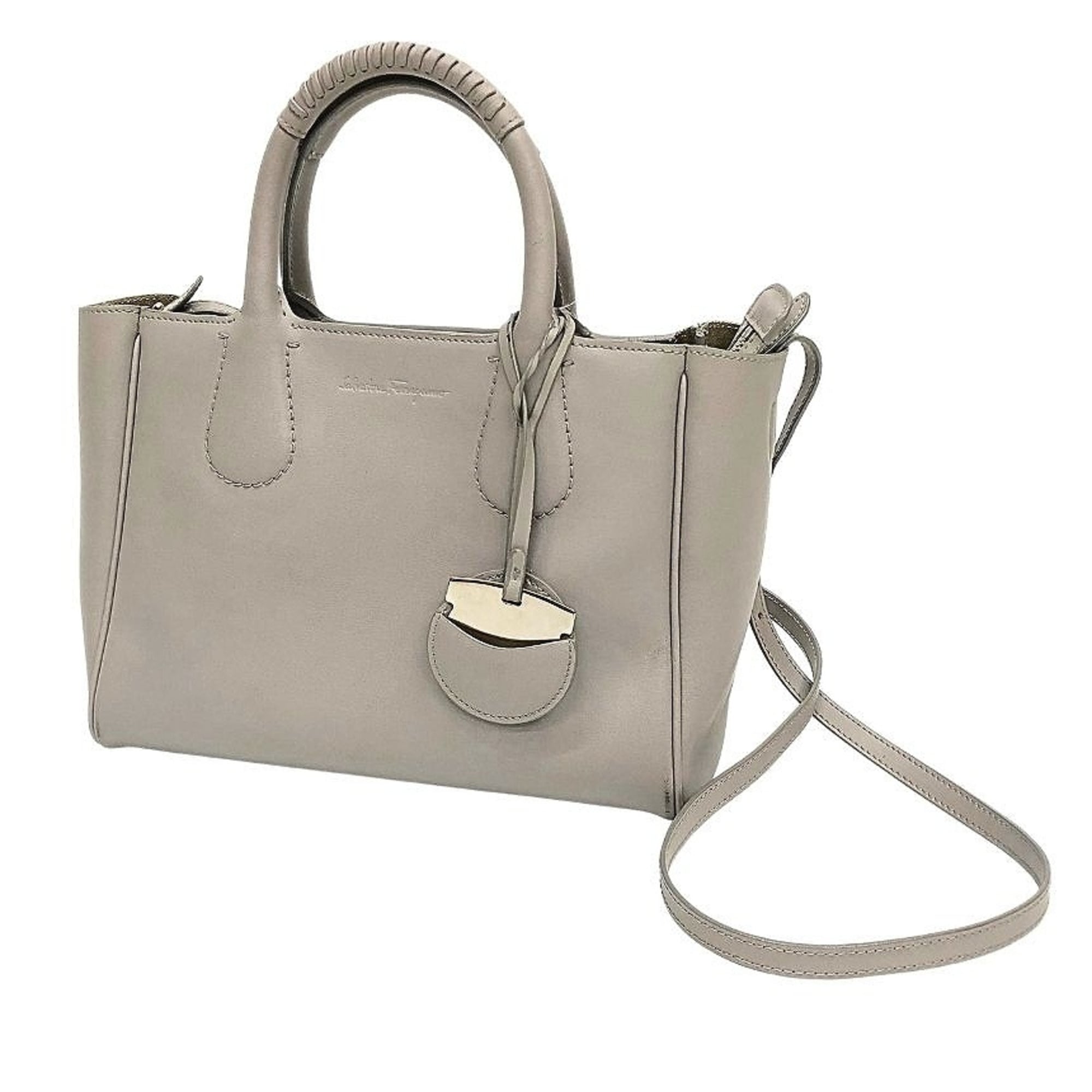 Salvatore Ferragamo Gray Leather Shoulder Bag Tote Bag (Pre-Owned)