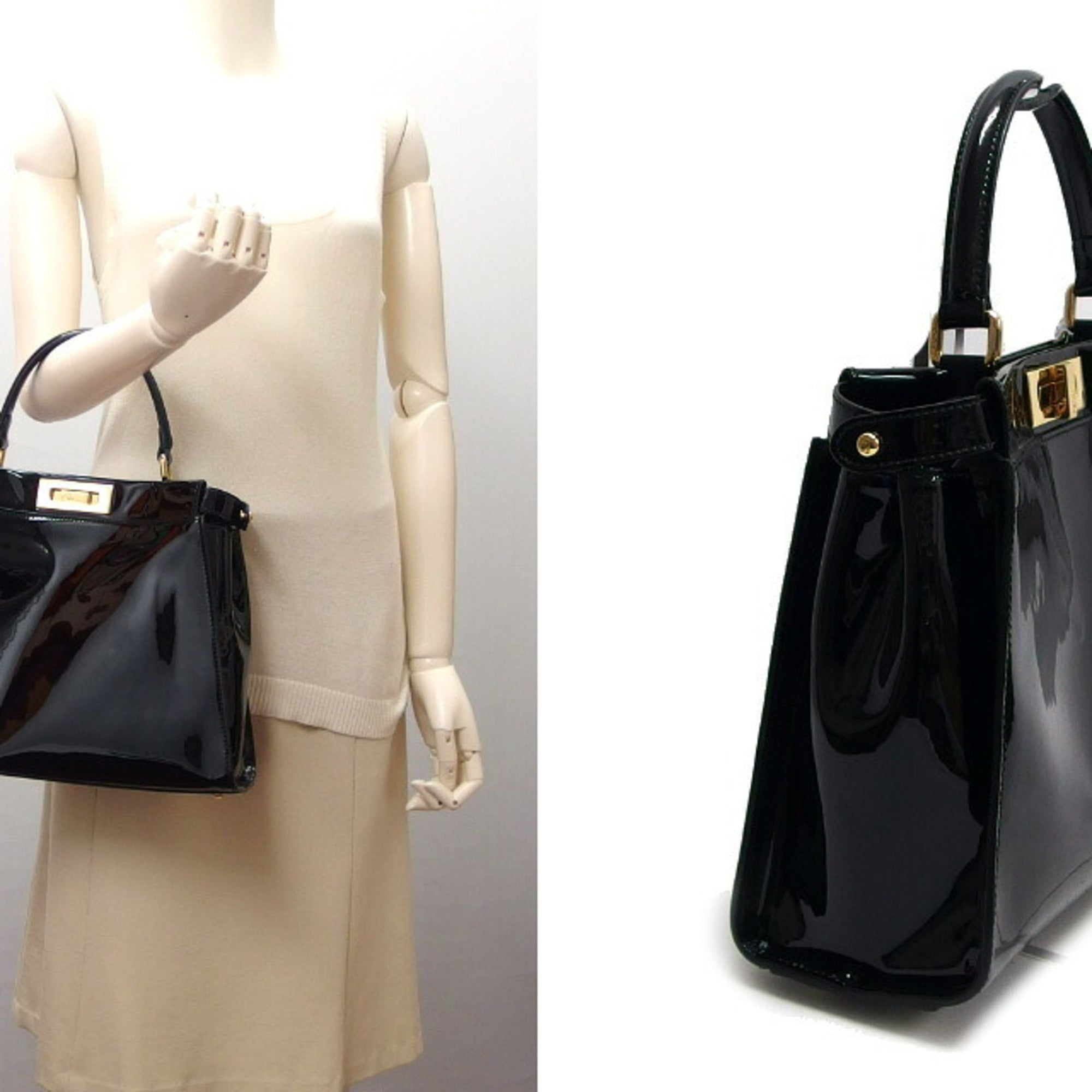 Fendi Peekaboo Black Brown Dark Brown Coated Canvas Patent Leather Handbag (Pre-Owned)