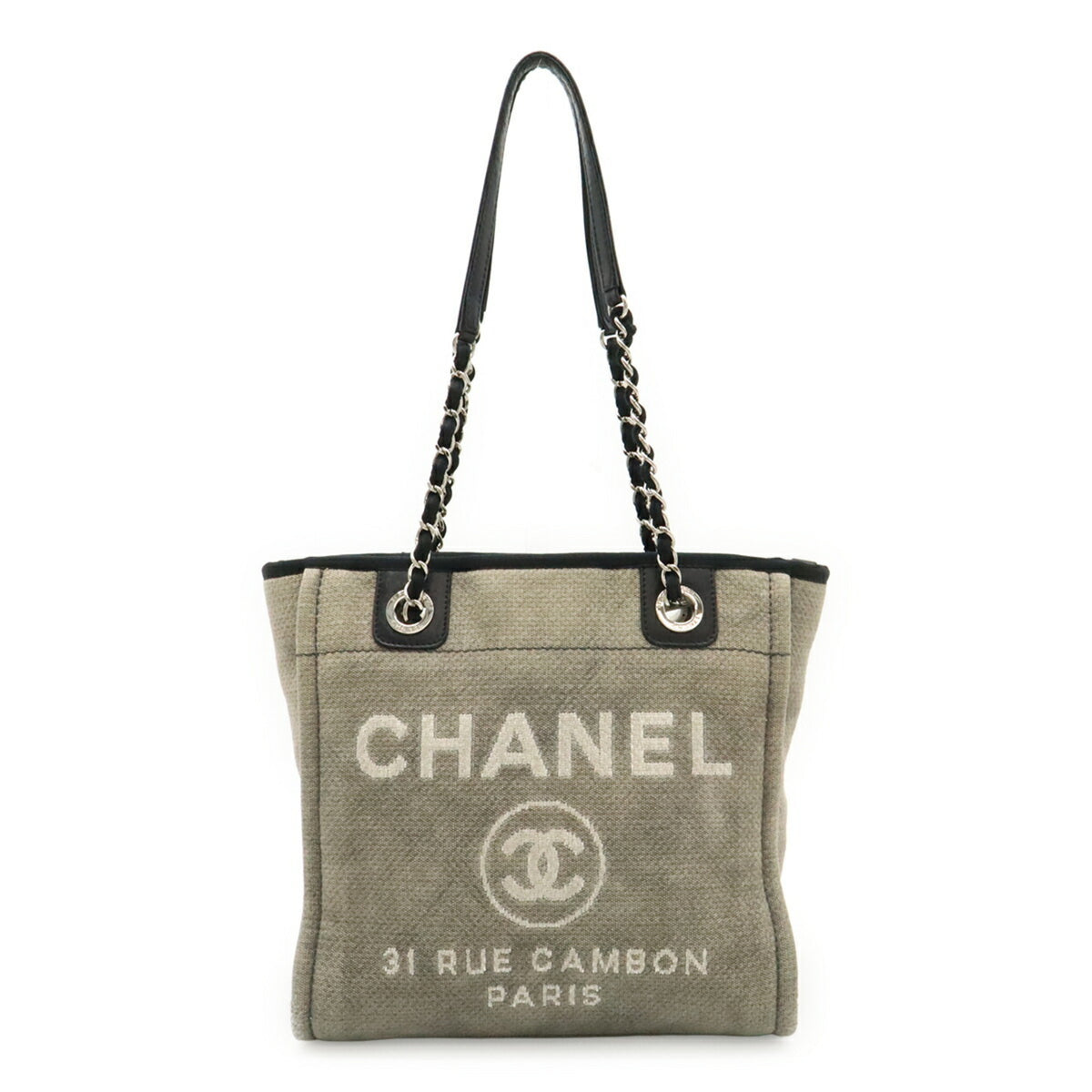 Chanel Black Gray Canvas Leather Shoulder Bag Tote Bag (Pre-Owned)