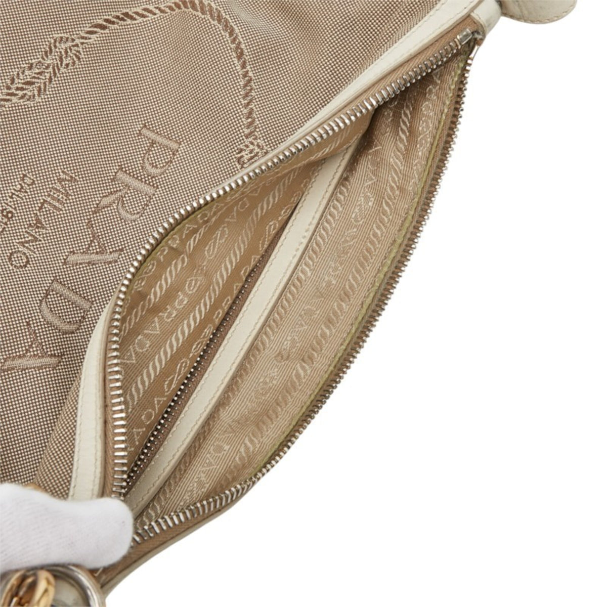 Prada Beige White Canvas Leather Shoulder Bag (Pre-Owned)