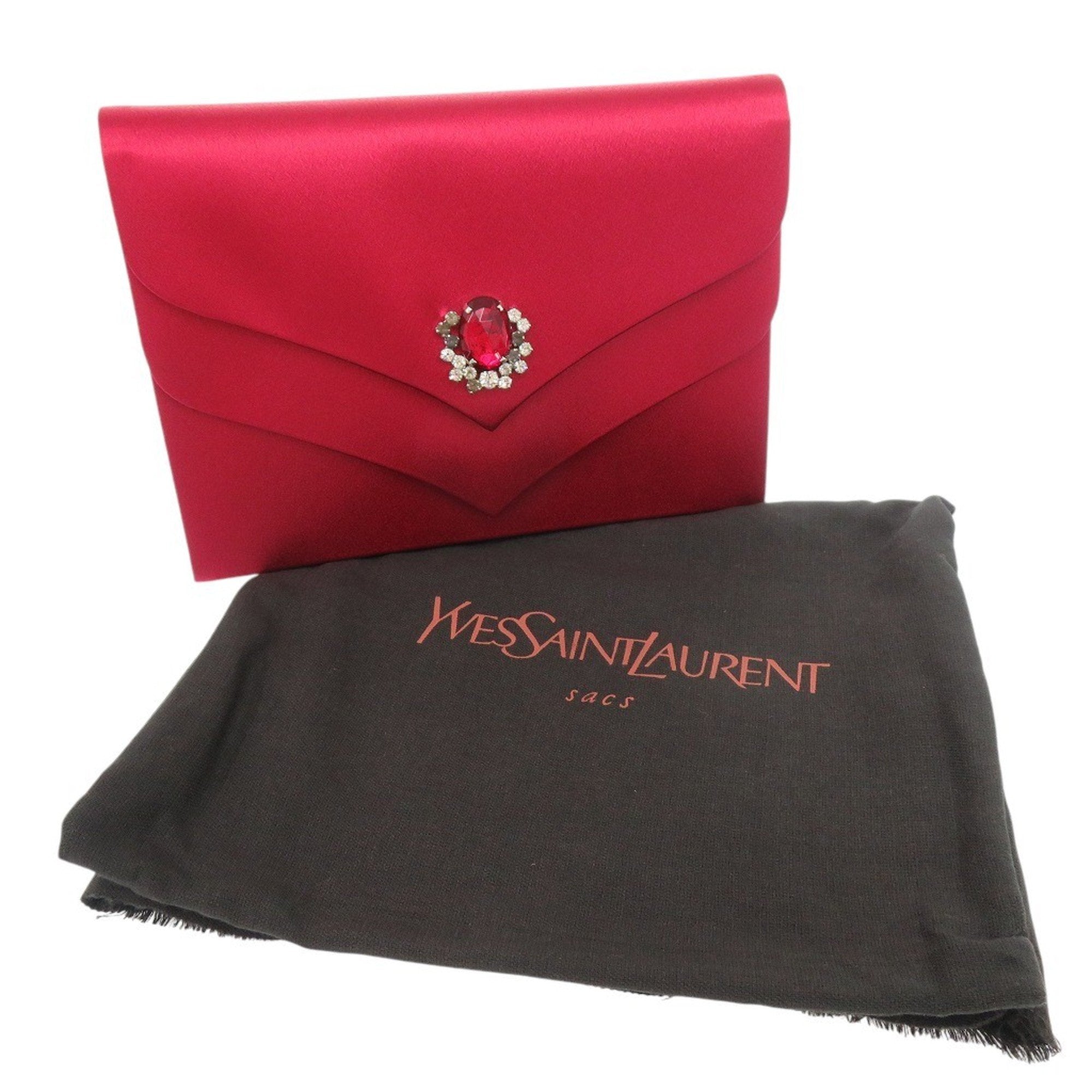 Yves Saint Laurent Red Color Satin Clutch Bag (Pre-Owned)