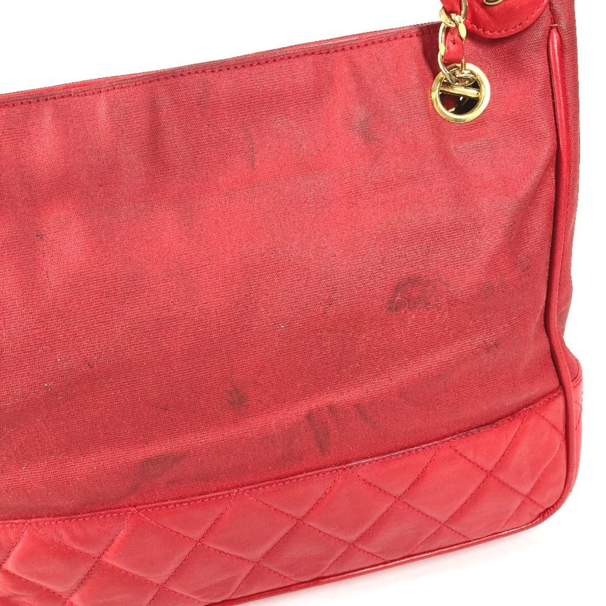 Chanel Red Color Leather Coated Canvas Shoulder Bag Tote Bag (Pre-Owned)