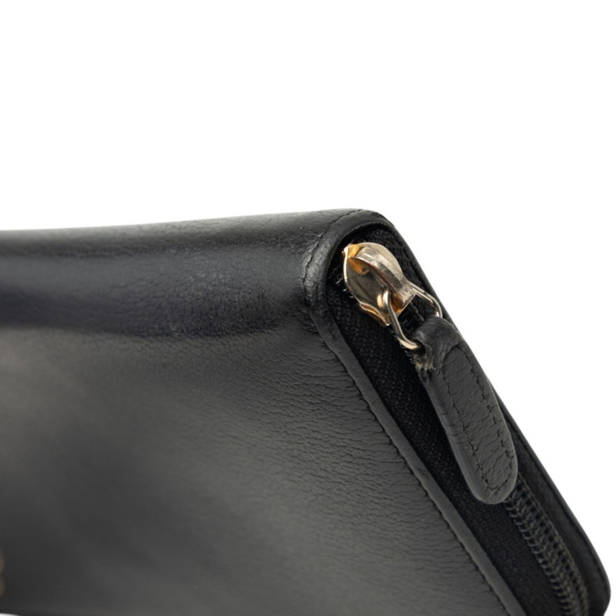 Chanel Gold Black Leather Long Wallet (Bi-Fold) (Pre-Owned)