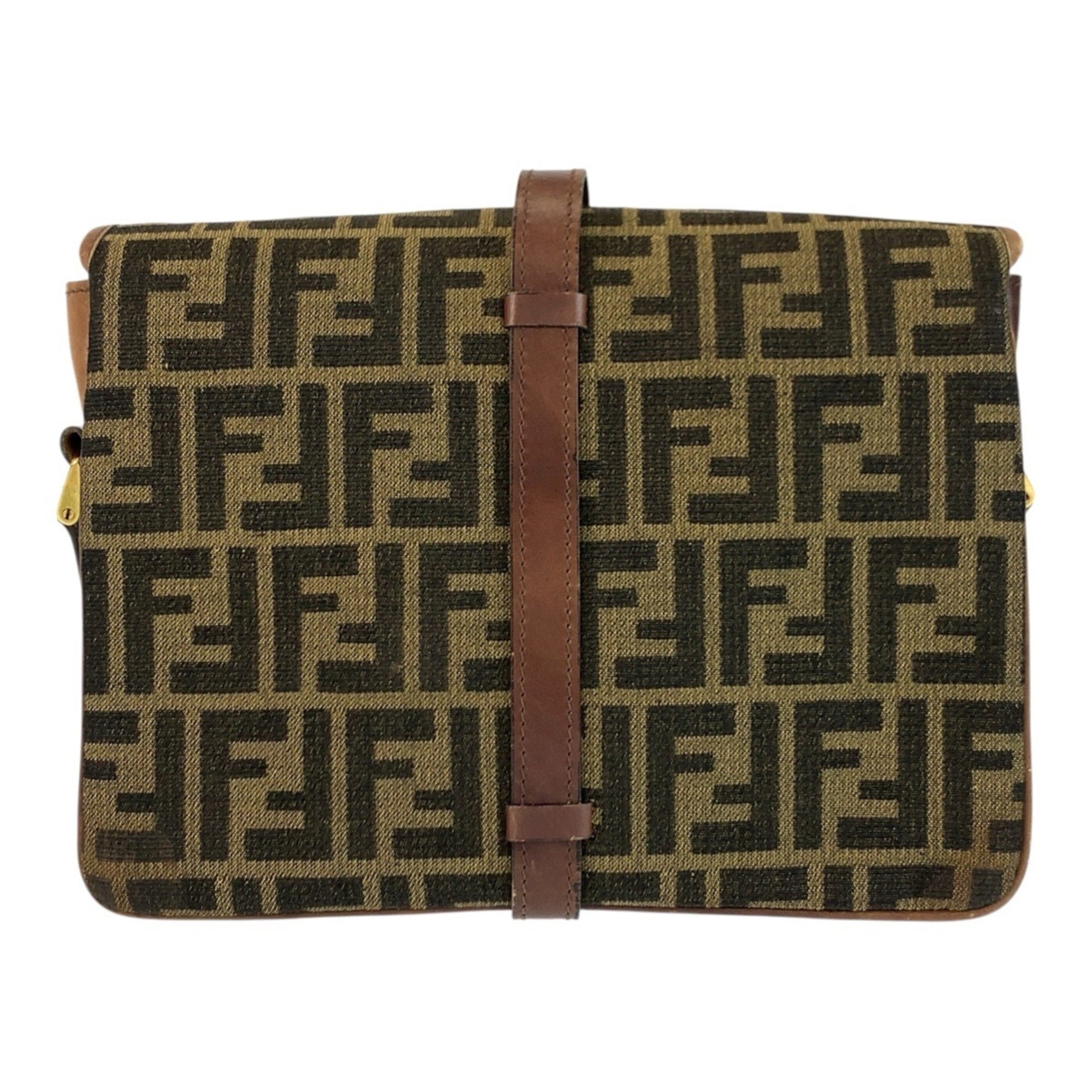 Fendi Brown Leather Canvas Pochette Shoulder Bag (Pre-Owned)