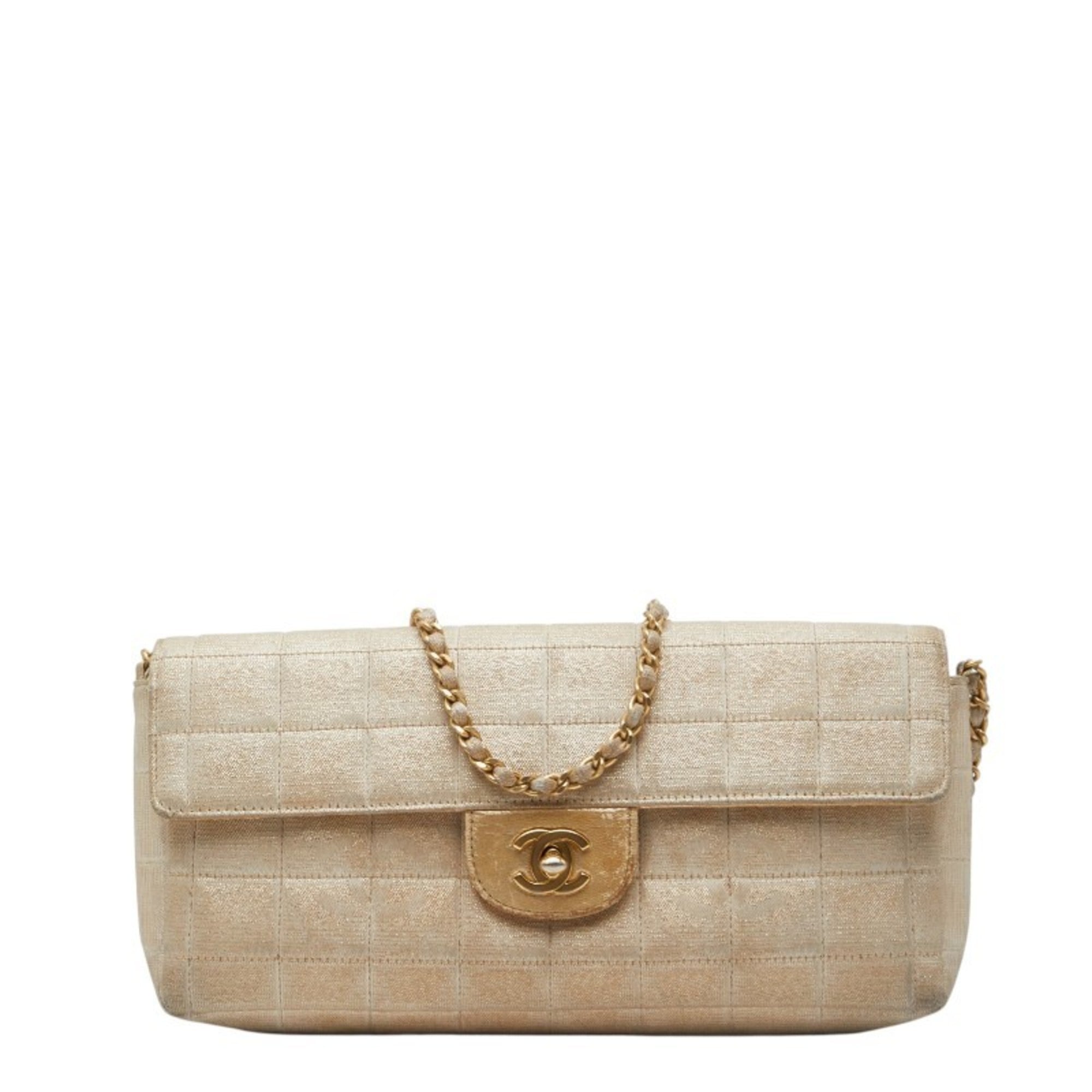 Chanel Beige Gold Nylon Leather Shoulder Bag (Pre-Owned)