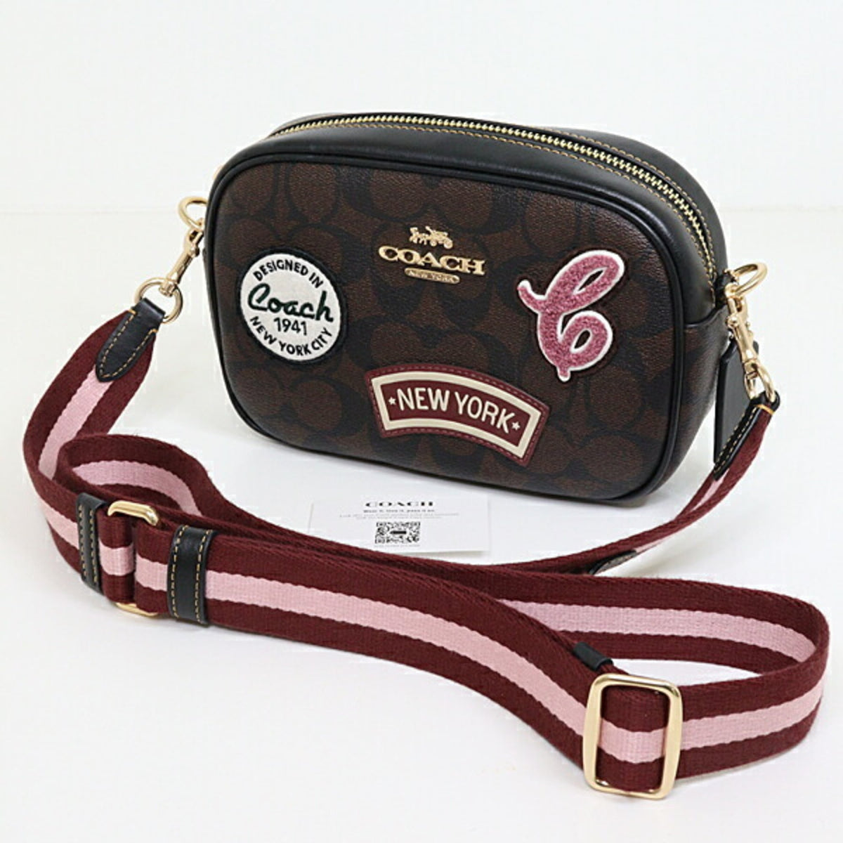 Coach Black Brown Signature Line Canvas Leather Shoulder Bag (Pre-Owned)