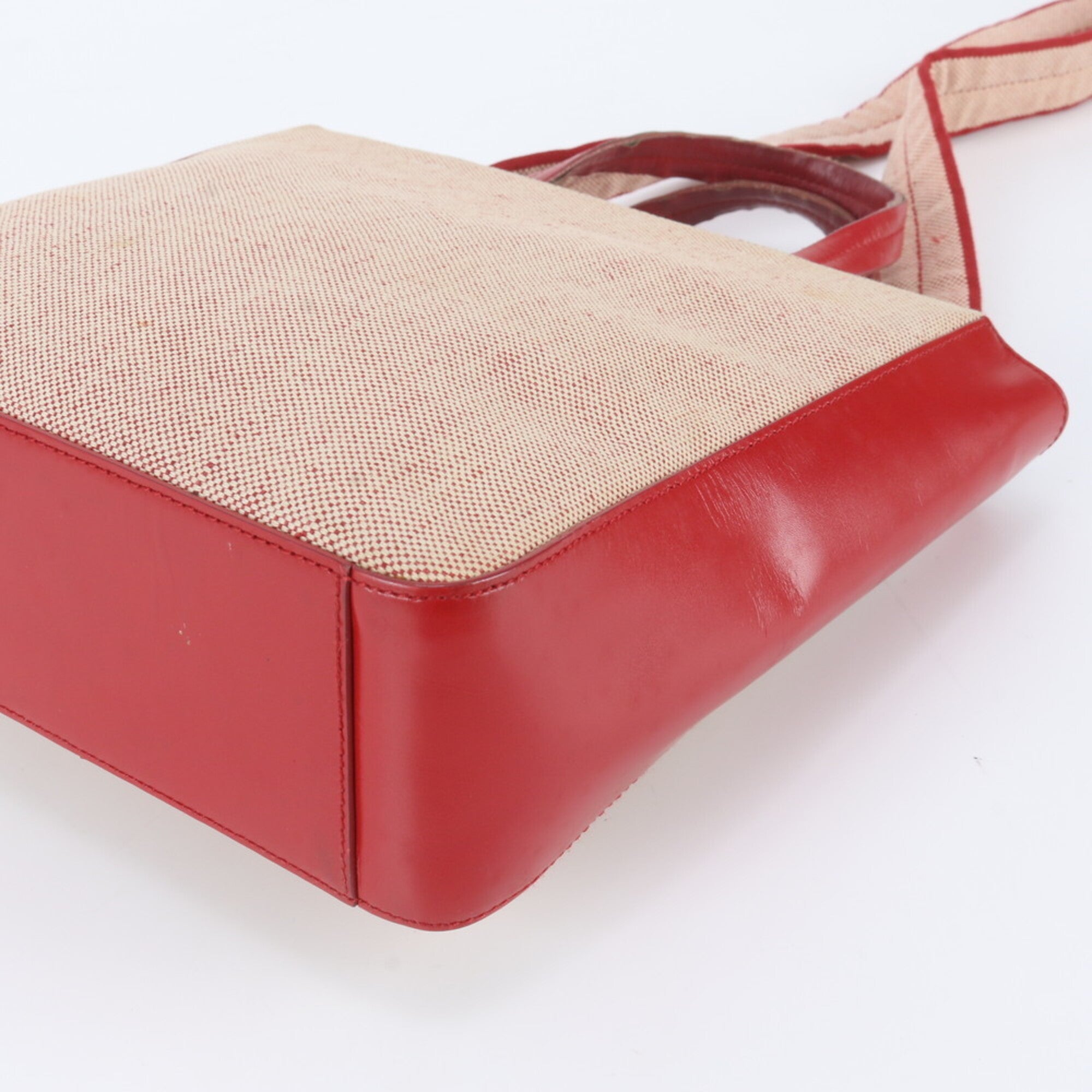 Prada Red Color Leather Canvas Crossbody Bag Handbag Shoulder Bag Tote Bag (Pre-Owned)