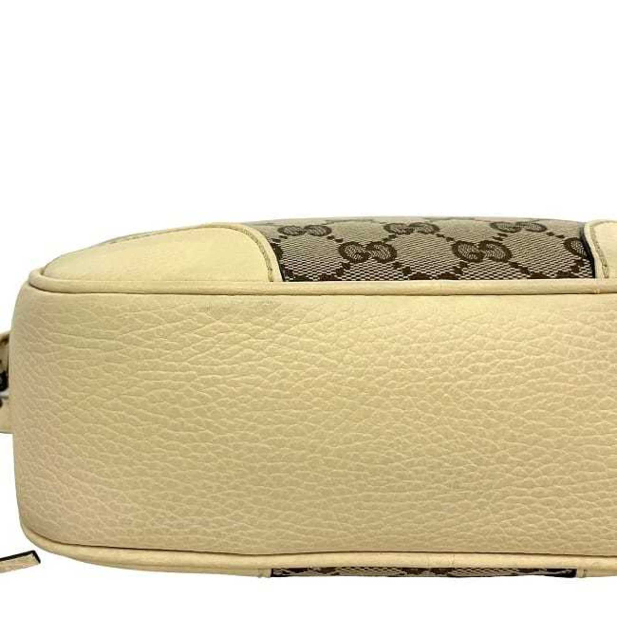 Gucci Beige White Canvas Leather Shoulder Bag (Pre-Owned)