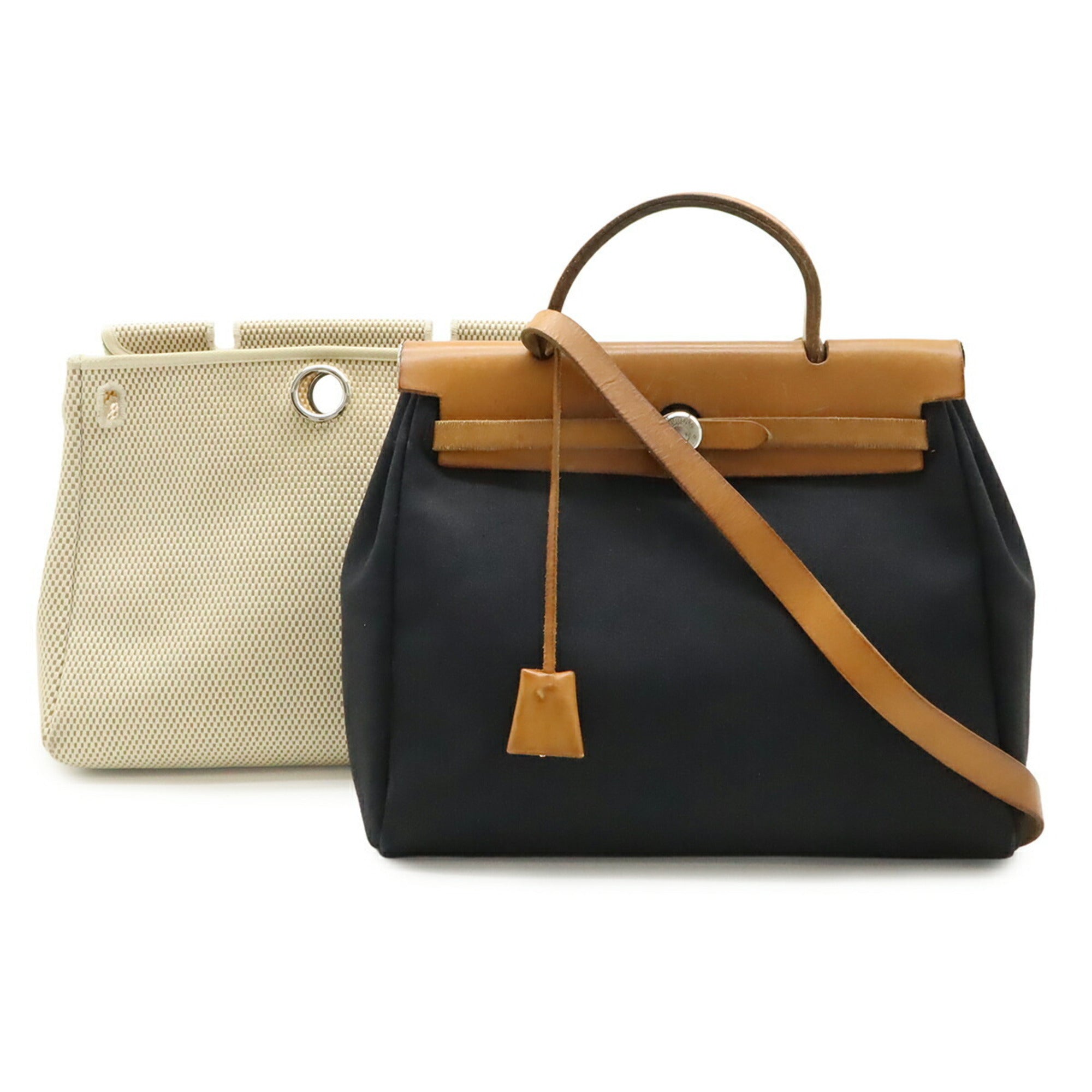 Hermes Beige Black Toile Officier Handbag Shoulder Bag (Pre-Owned)