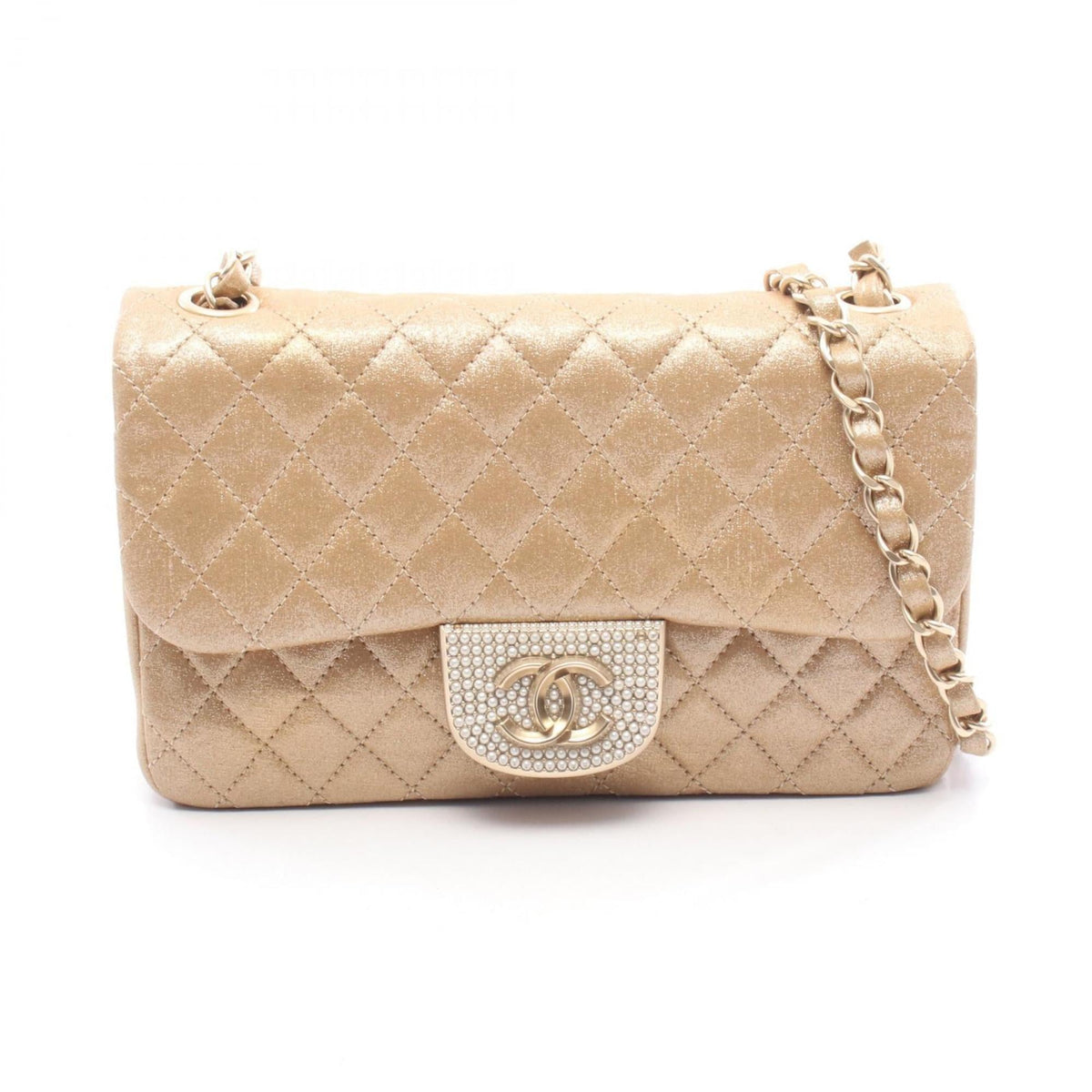 Chanel Beige Gold Gold Brown Fabric Leather Handbag Shoulder Bag (Pre-Owned)