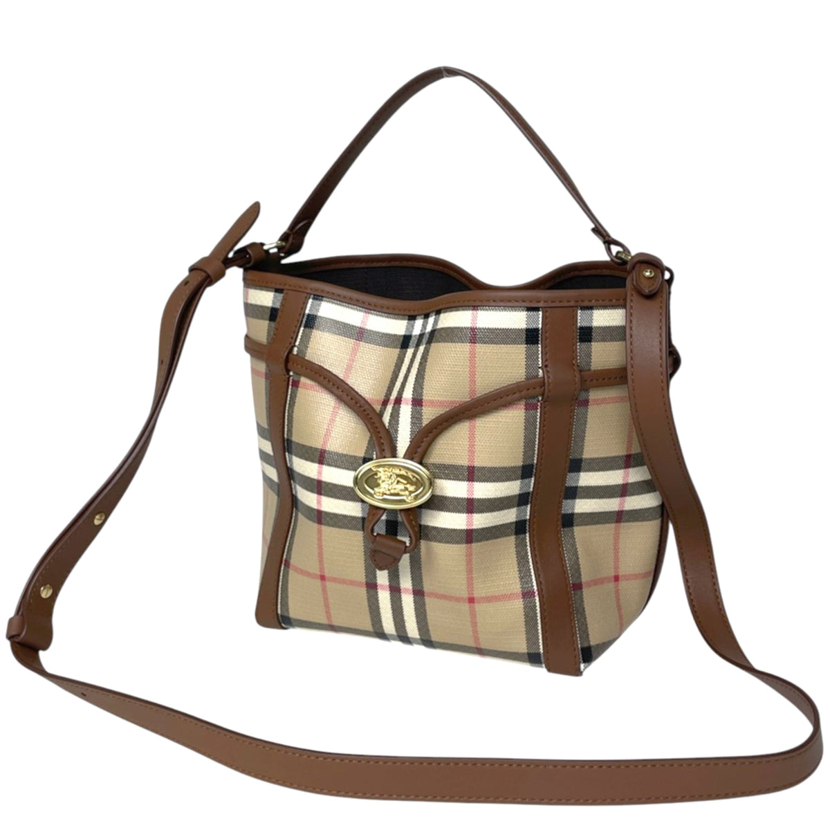 Burberry Beige Brown Coated Canvas Leather Handbag (Pre-Owned)