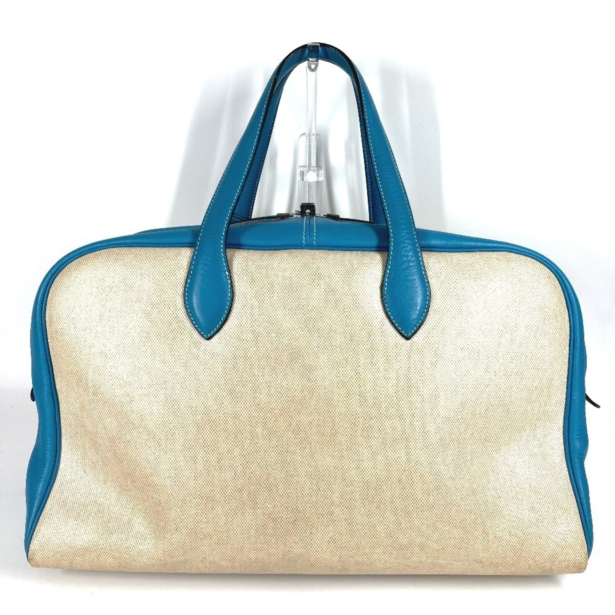 Hermes Beige Blue Toile H Leather Boston Bag Shoulder Bag (Pre-Owned)